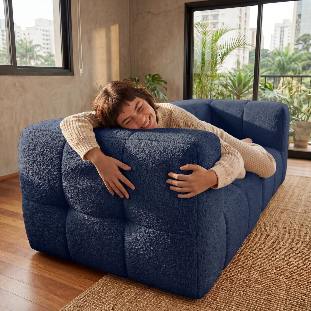 Sofá na Caixa modular 2 lugares em Boucle - Azul