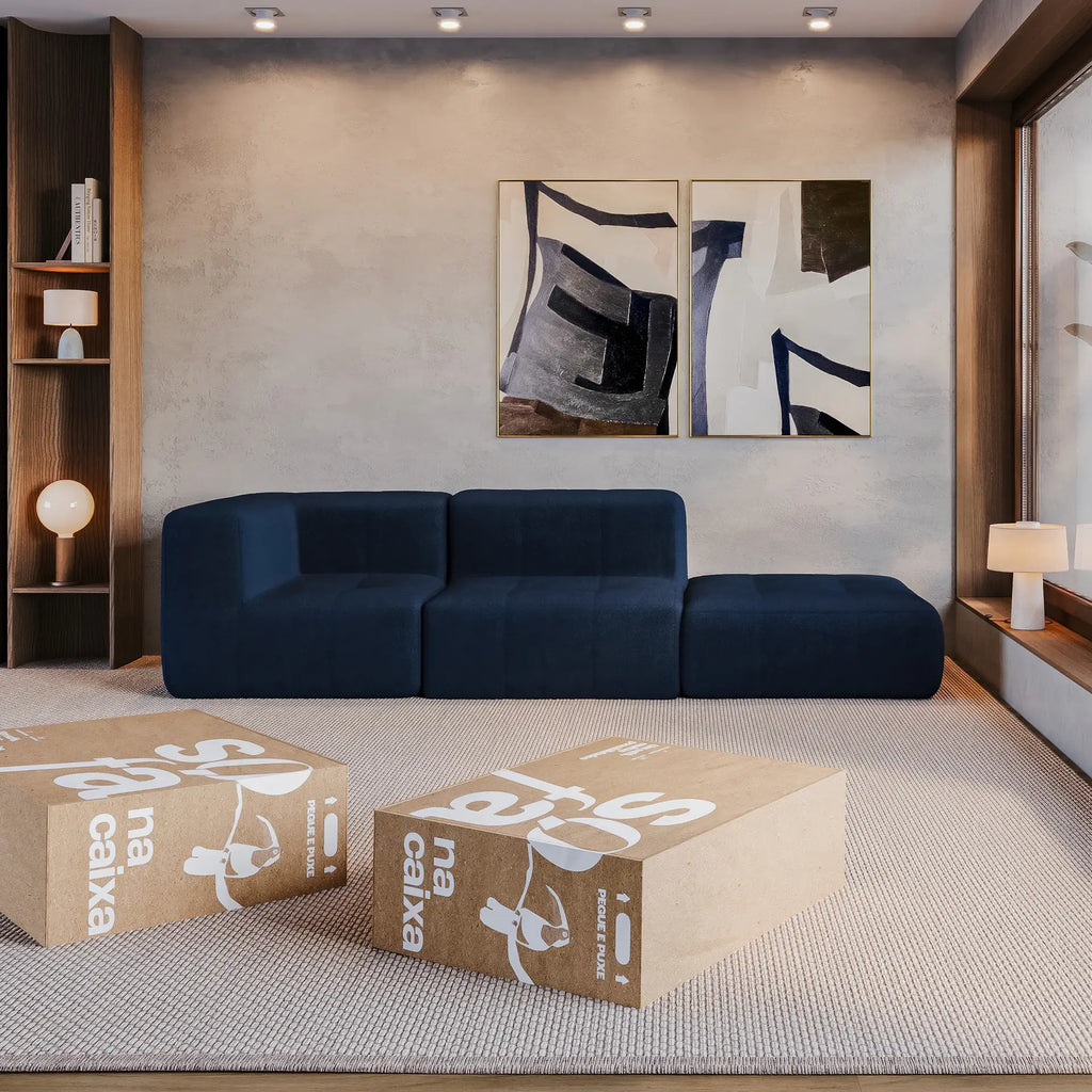 Sofá na Caixa modular 2 lugares em Boucle - 1 Braço com Apoio de pé - Azul