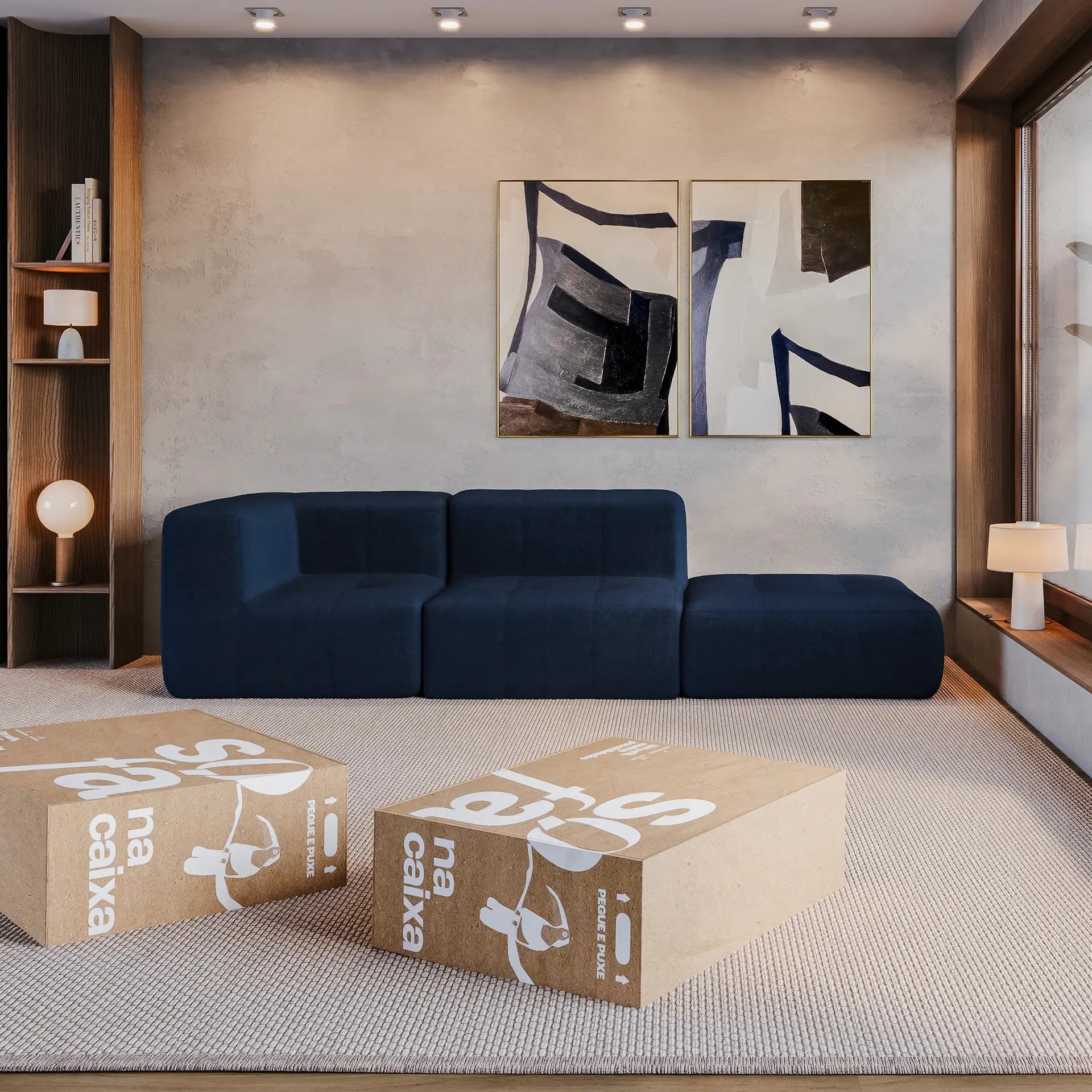 Sofá na Caixa modular 2 lugares em Boucle - 1 Braço com Apoio de pé - Azul