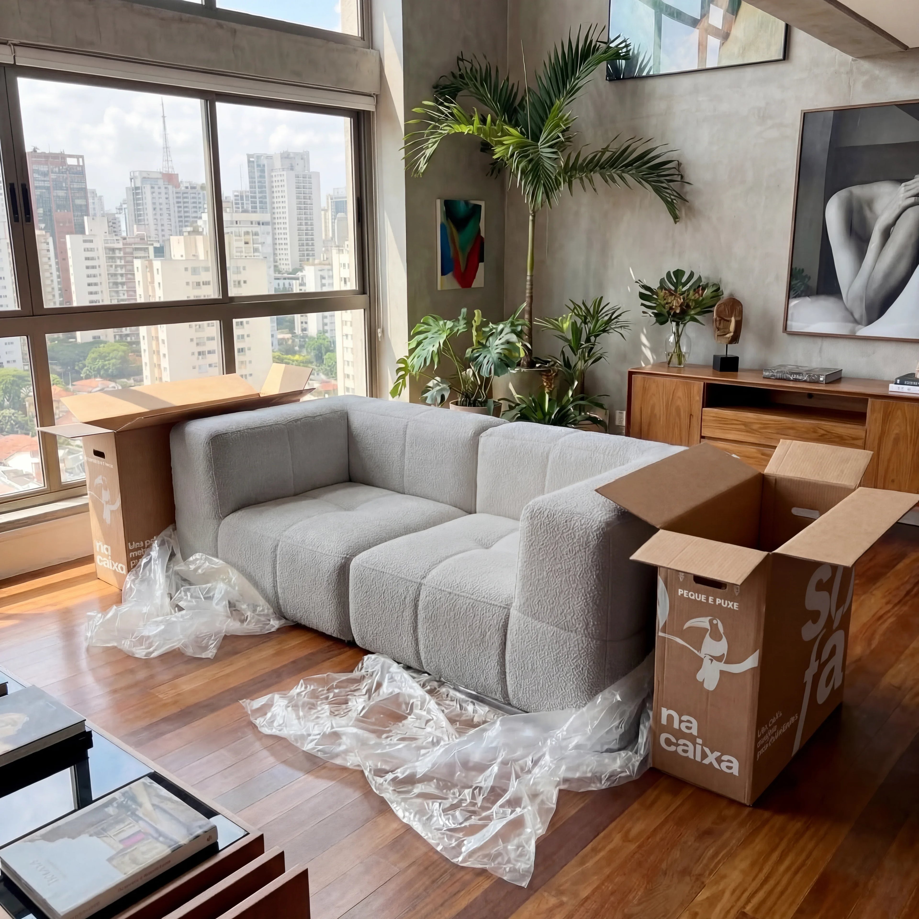 Sofá na Caixa modular 2 lugares em Boucle - Cinza