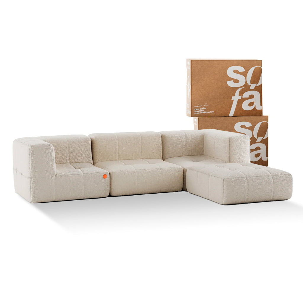 Sofá na Caixa modular 3 lugares em Boucle com Apoio de pé - Linho