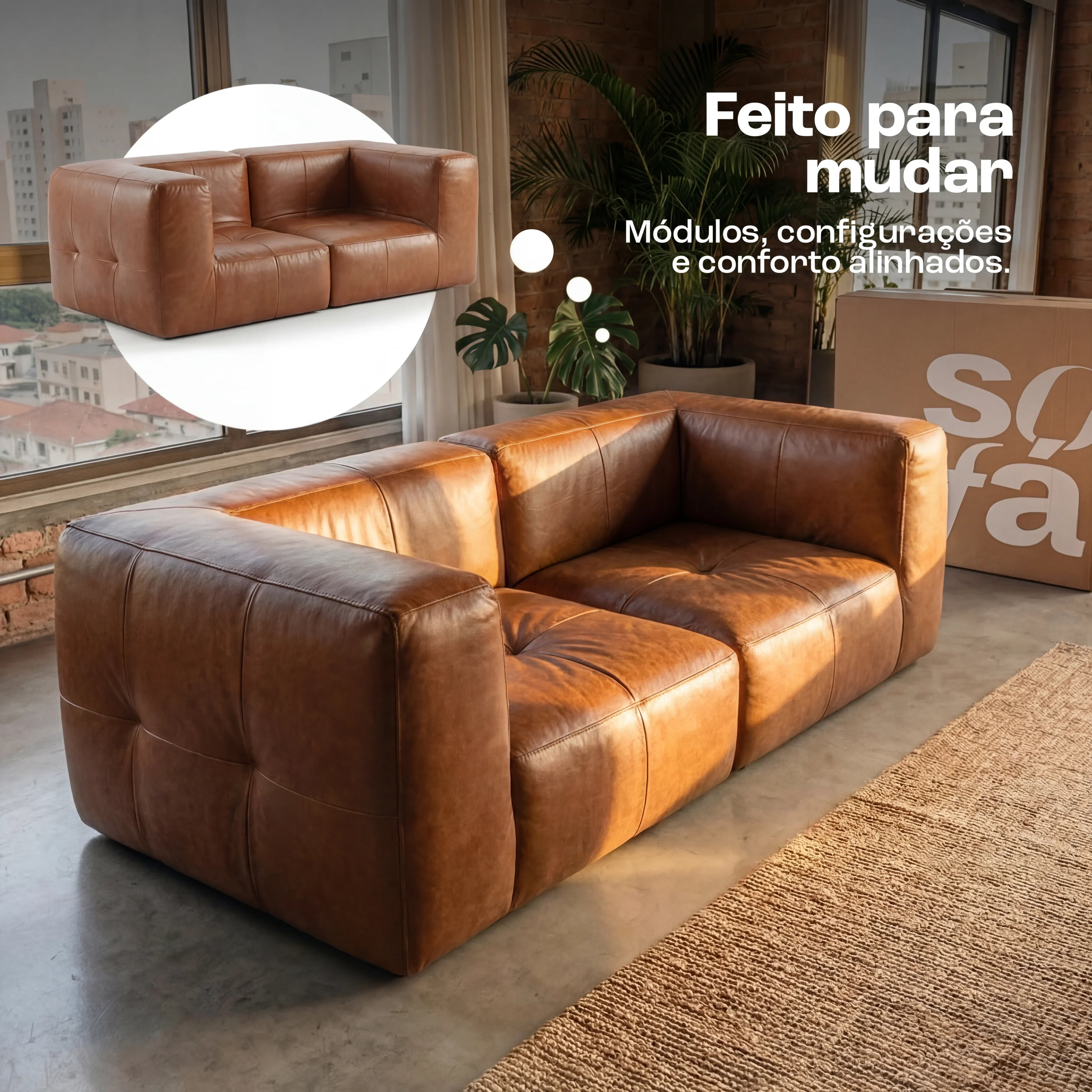 Sofá na Caixa modular 2 lugares Poli-Couro Marrom