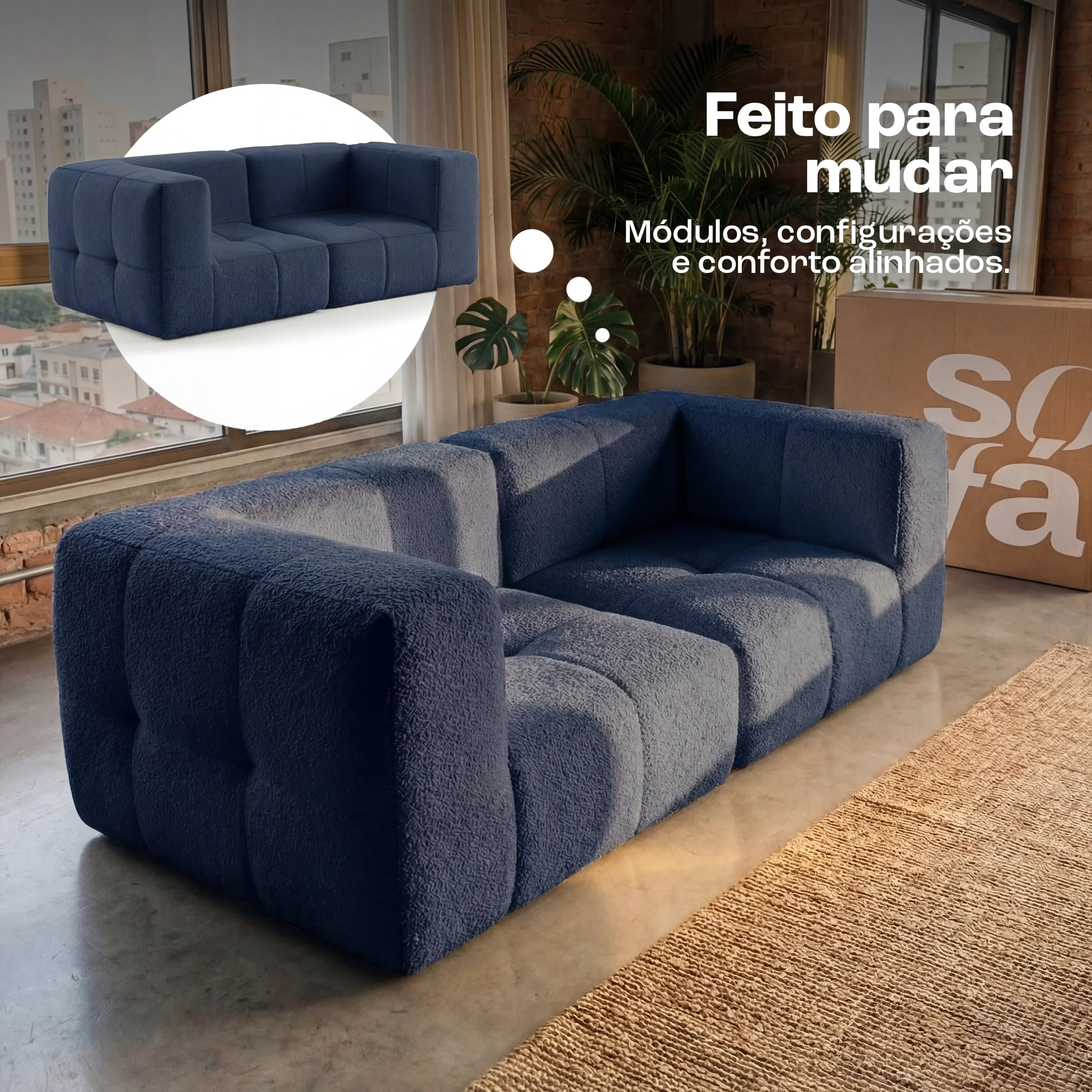 Sofá na Caixa modular 2 lugares em Boucle - Azul