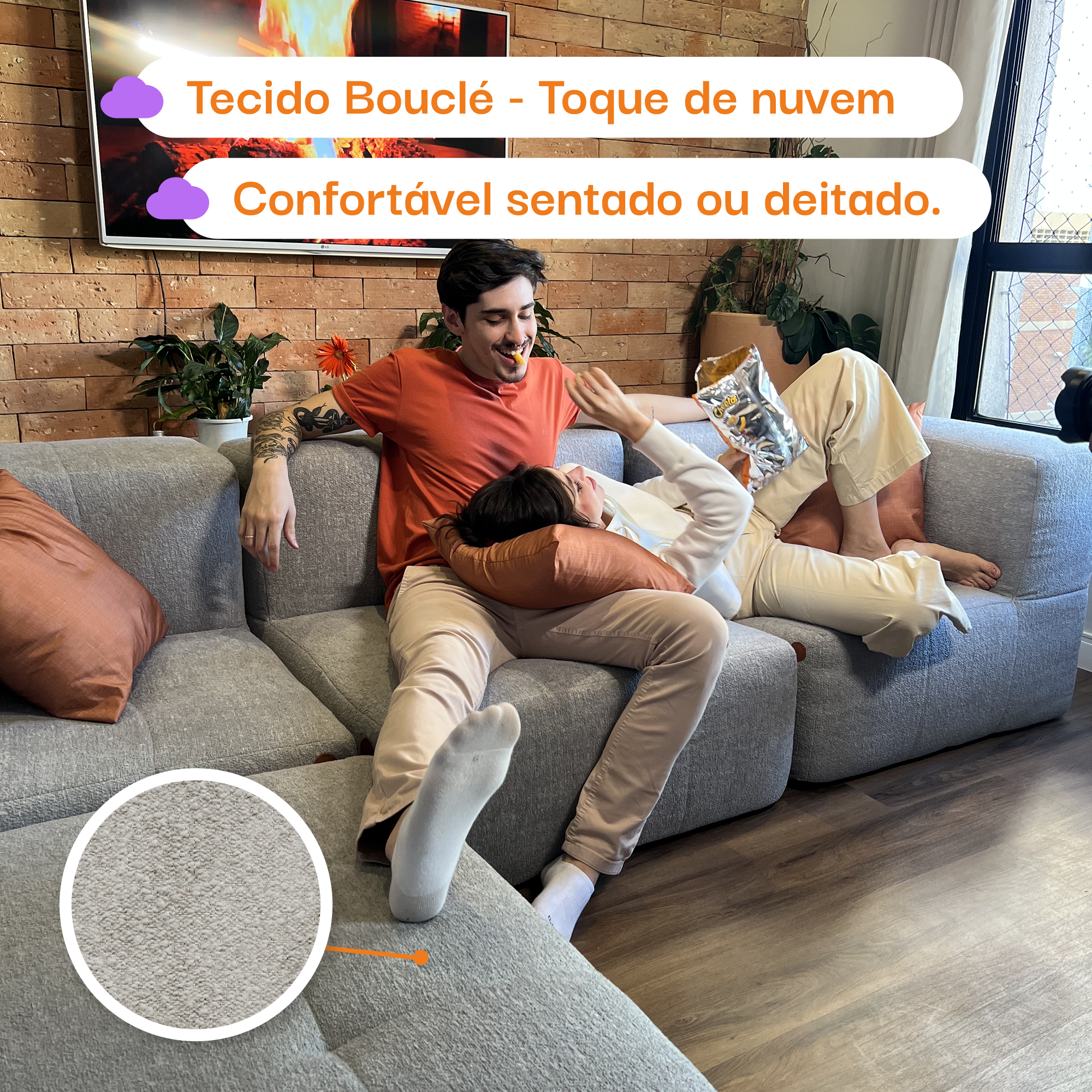 Sofá na Caixa modular 2 lugares em Boucle - 2 Cantos com Apoio de pé - Cinza