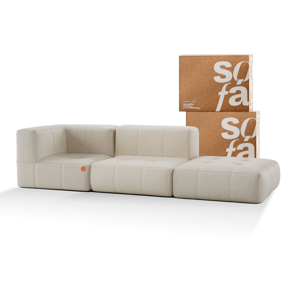 Sofá na Caixa modular 2 lugares em Boucle - 1 Braço com Apoio de pé - Linho