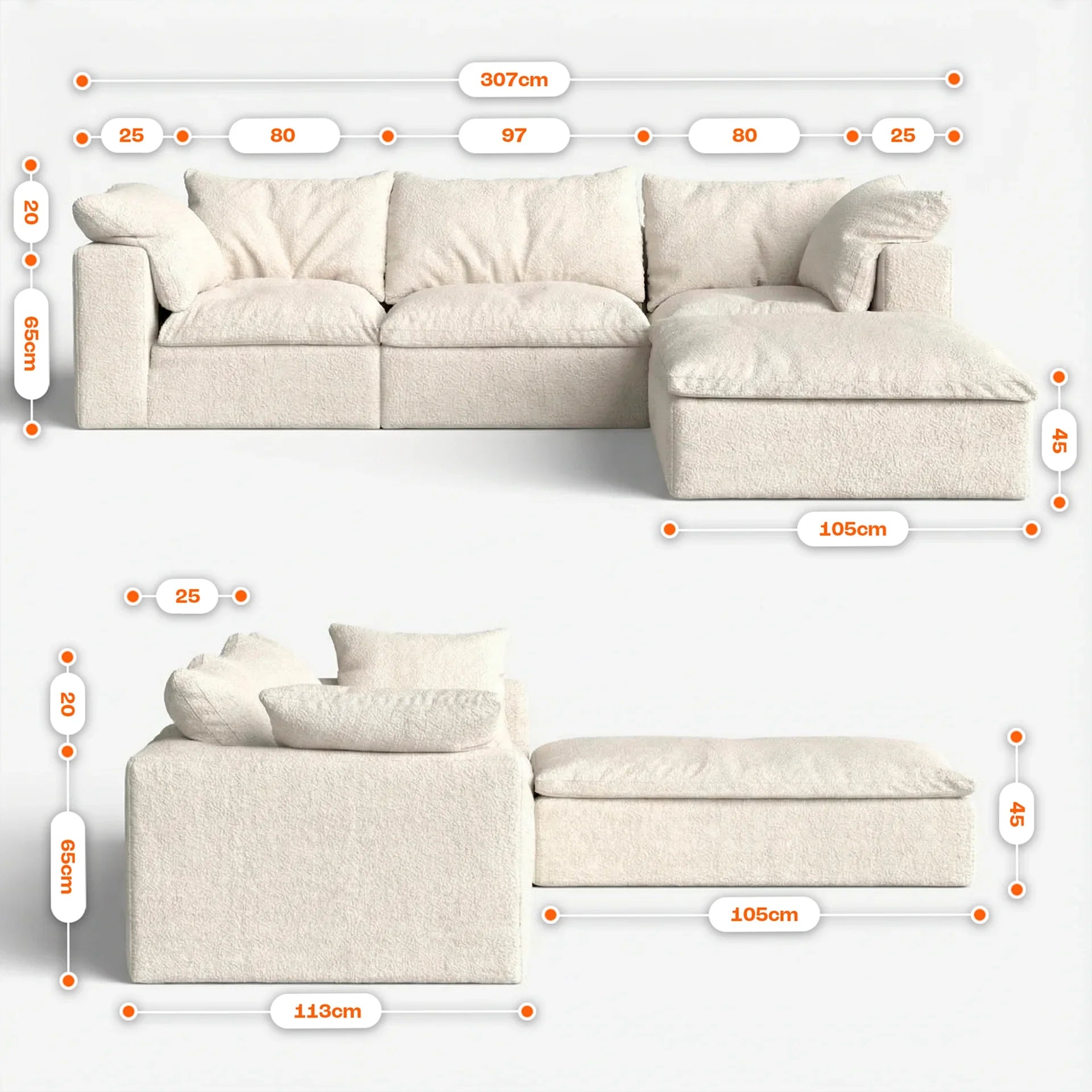 Sofá na Caixa modular Sienna 1 lugar Canto em L Direito Boucle - Off-White