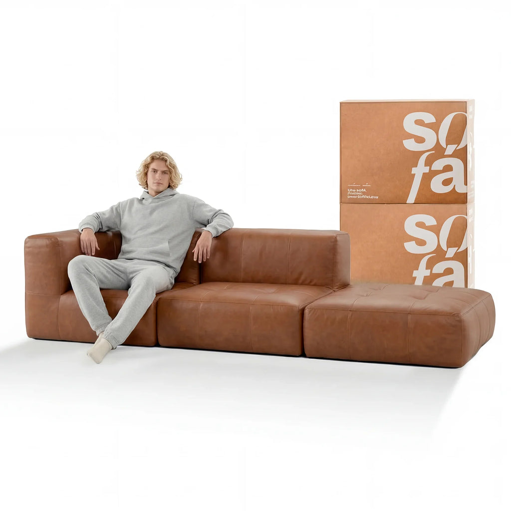 Sofá na Caixa modular 2 lugares Poli-Couro Marrom - 1 Braço com com Apoio de pé