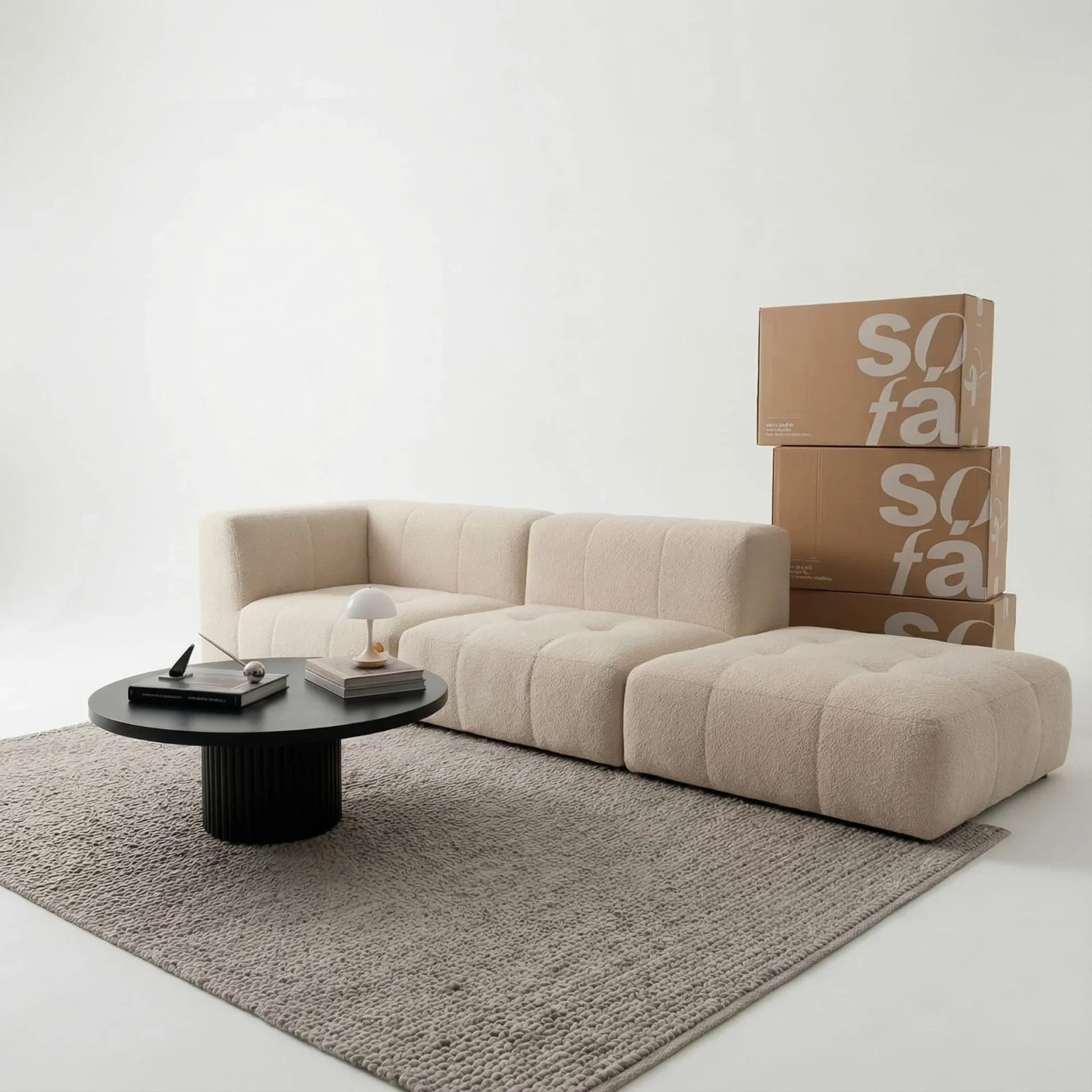 Sofá na Caixa modular 2 lugares em Boucle - 1 Braço com Apoio de pé - Linho