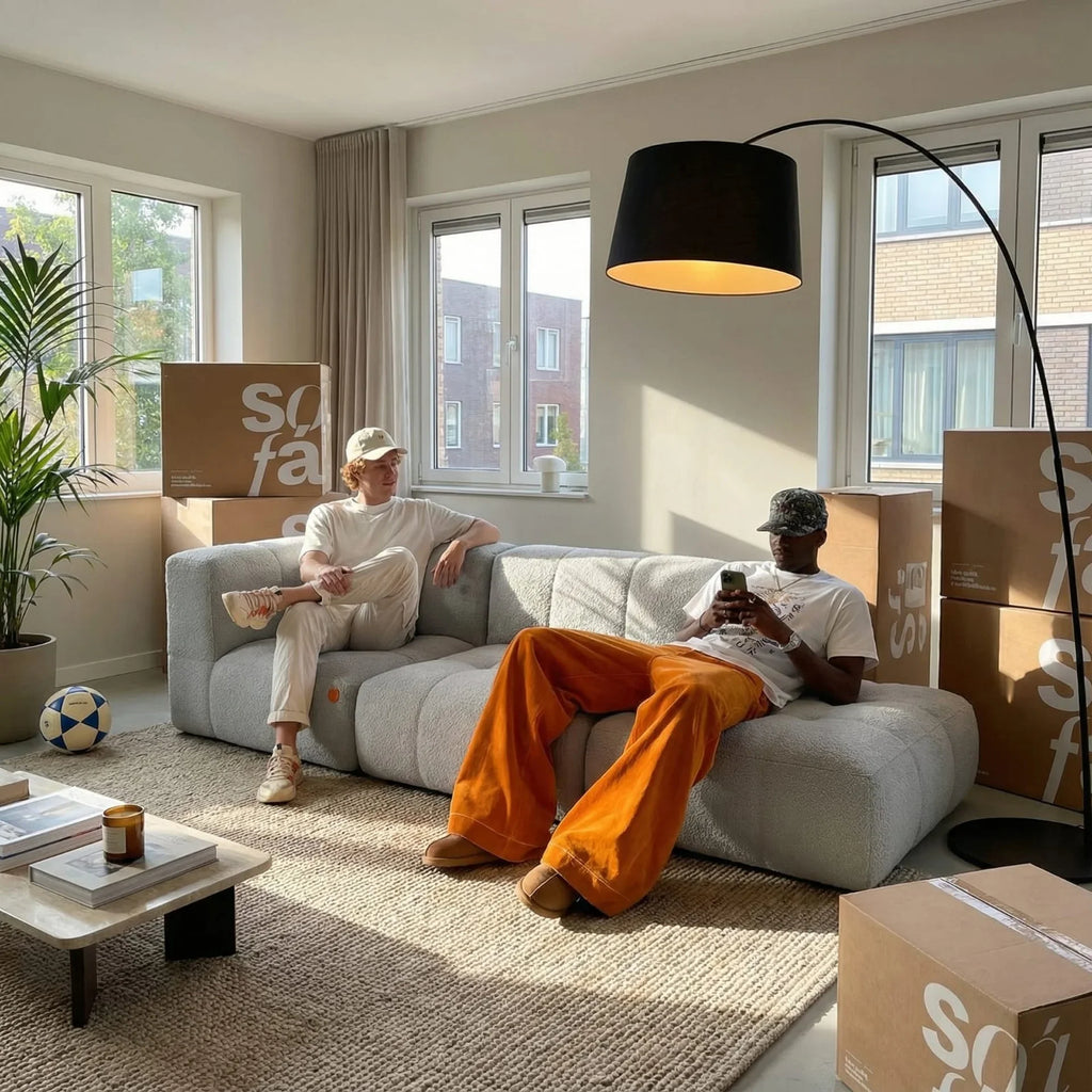 Sofá na Caixa modular 2 lugares em Boucle - 1 Braço com Apoio de pé - Cinza