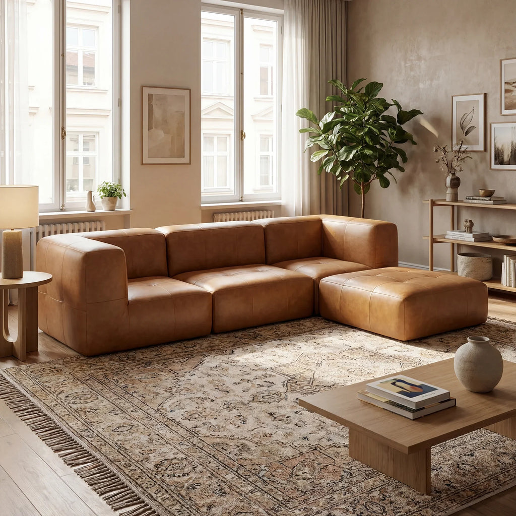 Sofá na Caixa modular 3 lugares Poli-Couro Marrom com Apoio de pé