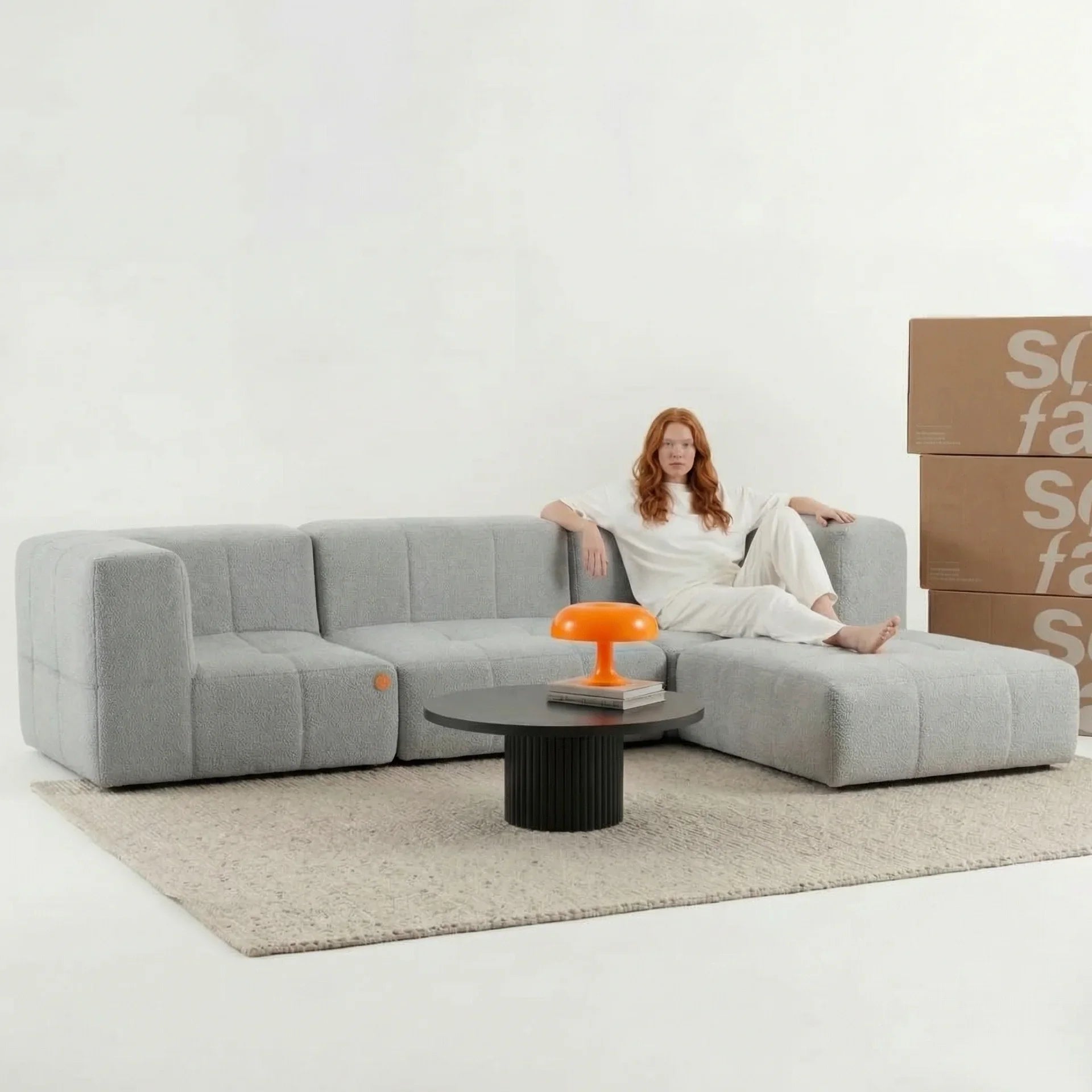 Sofá na Caixa modular 3 lugares em Boucle com Apoio de pé - Cinza