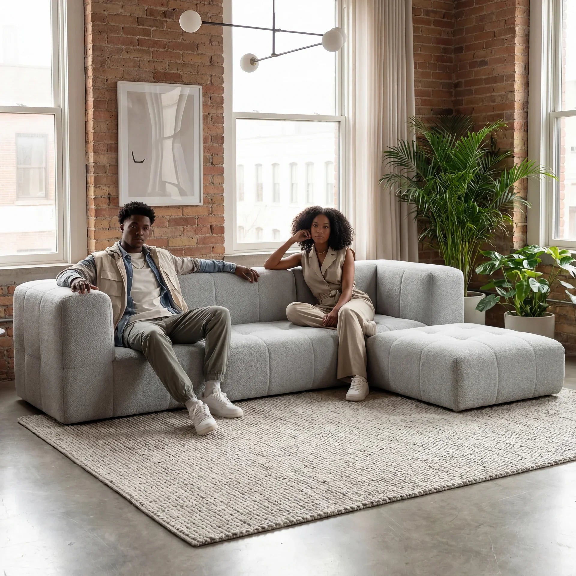 Sofá na Caixa modular 3 lugares em Boucle com Apoio de pé - Cinza