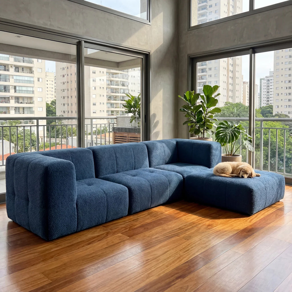 Sofá na Caixa modular 3 lugares em Boucle com Apoio de pé - Azul