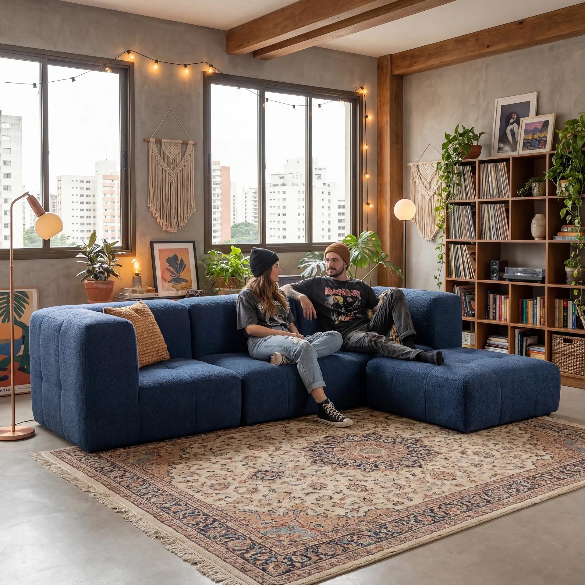 Sofá na Caixa modular 3 lugares em Boucle com Apoio de pé - Azul