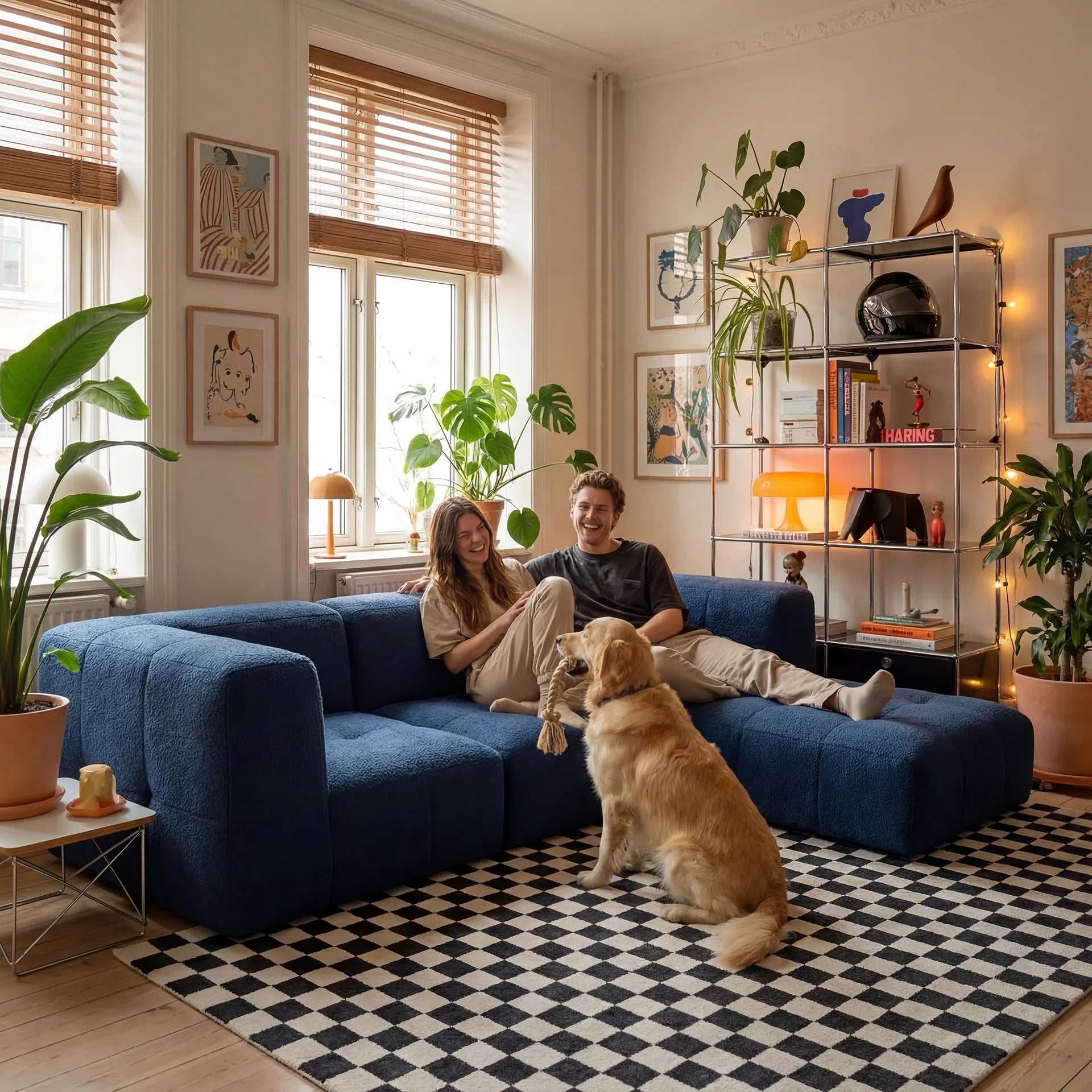 Sofá na Caixa modular 3 lugares em Boucle com Apoio de pé - Azul