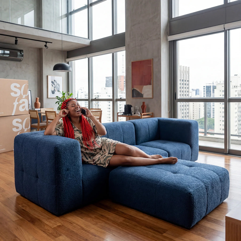 Sofá na Caixa modular 3 lugares em Boucle com Apoio de pé - Azul