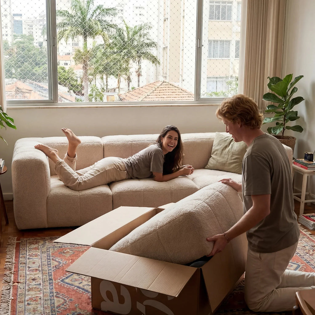 Sofá na Caixa modular 3 lugares em Boucle com Apoio de pé - Linho
