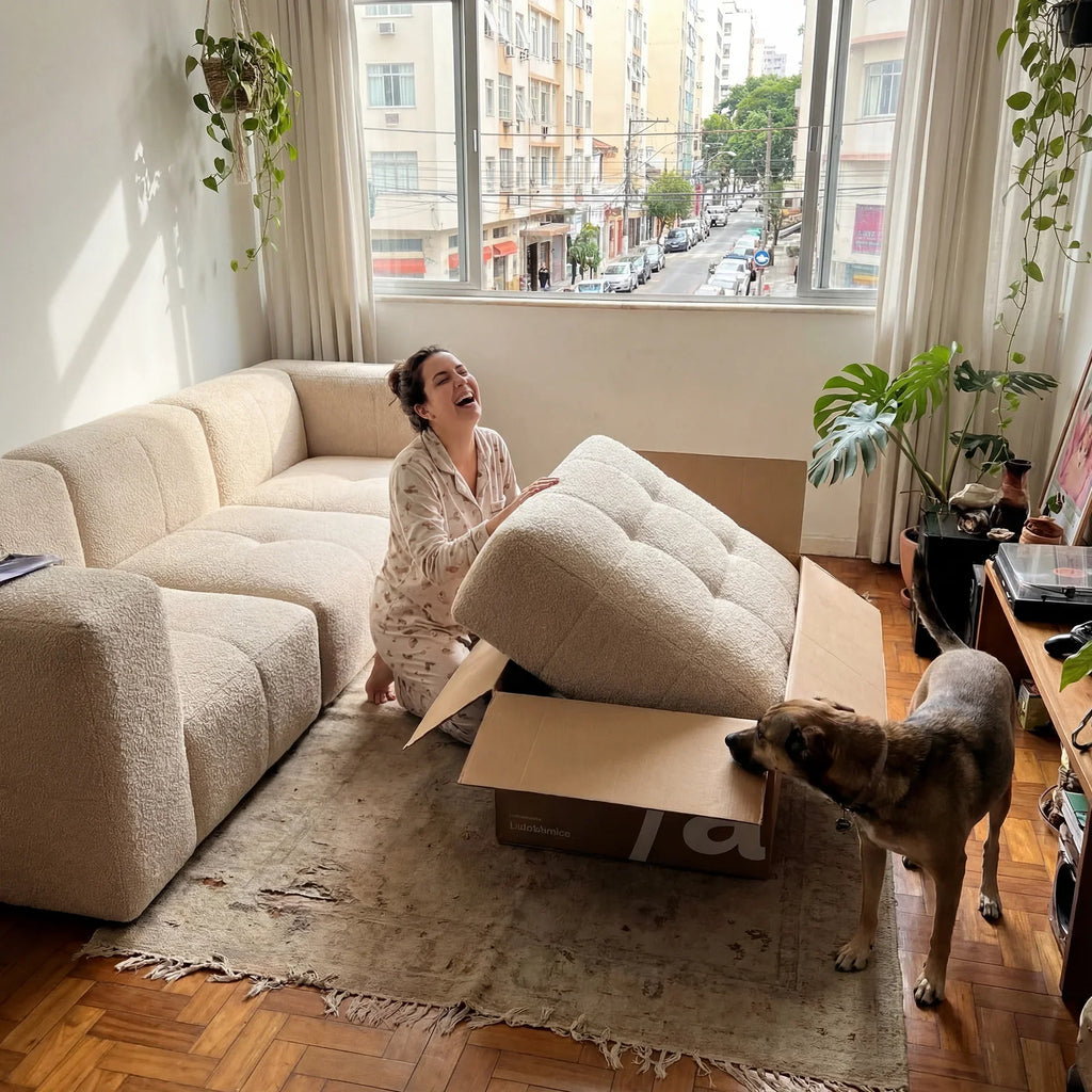 Sofá na Caixa modular 3 lugares em Boucle com Apoio de pé - Linho