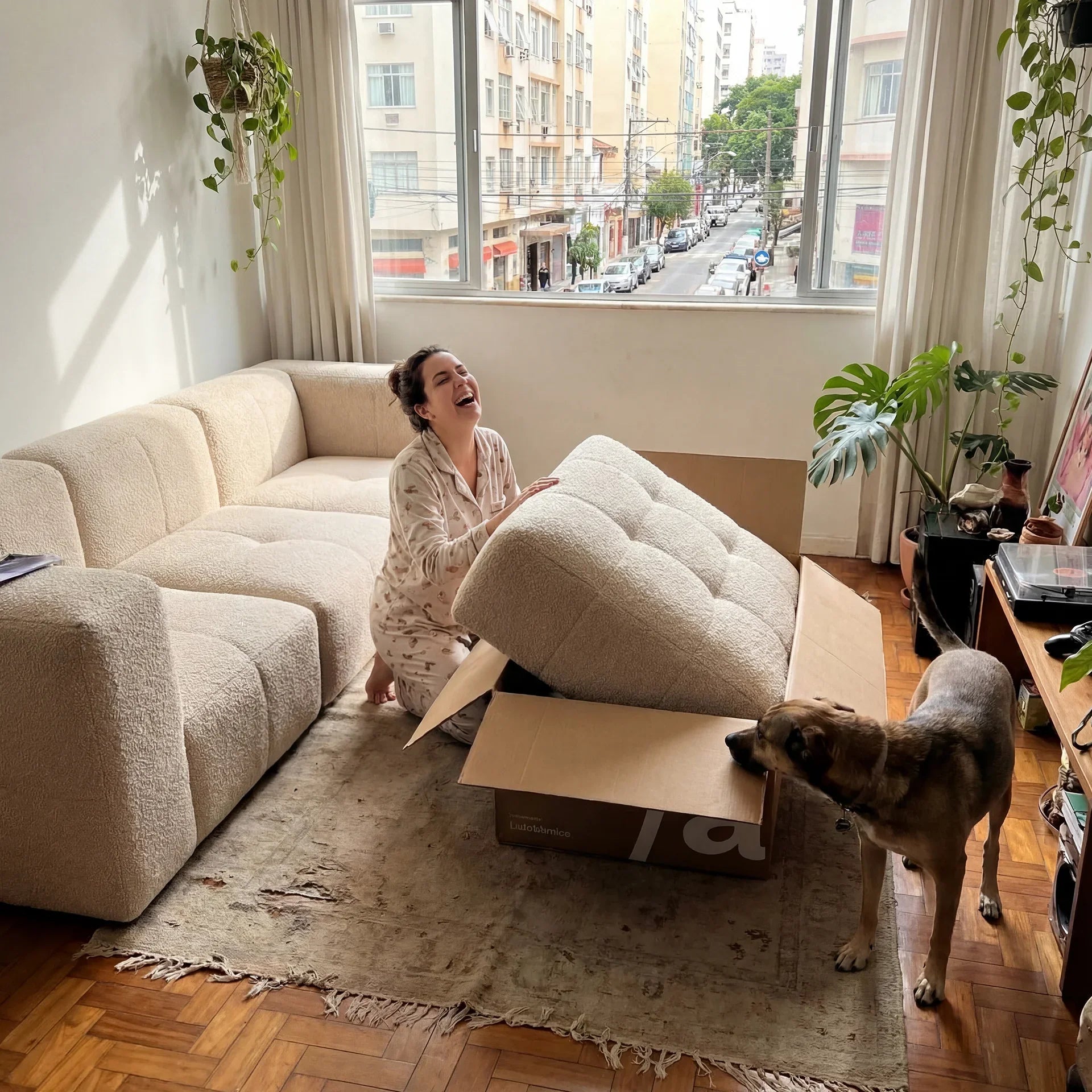 Sofá na Caixa modular 3 lugares em Boucle com Apoio de pé - Linho