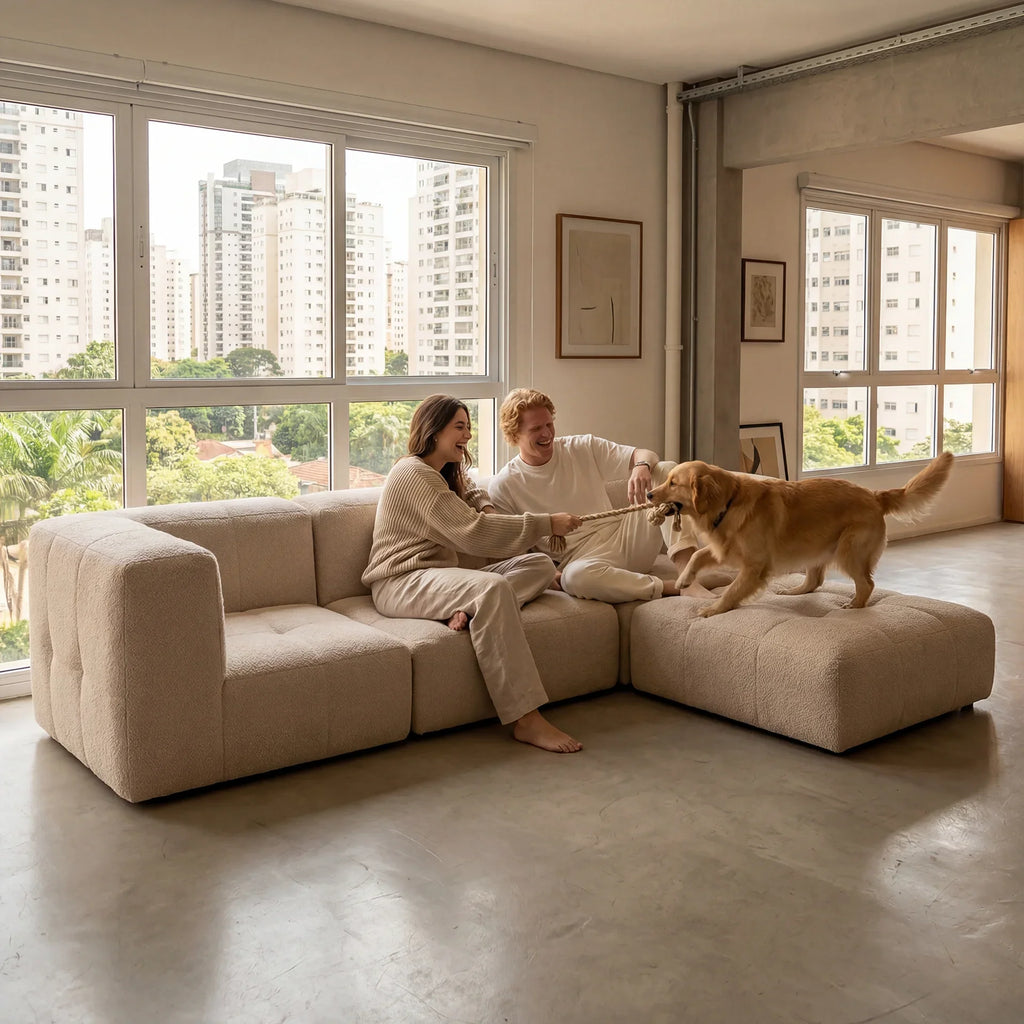 Sofá na Caixa modular 3 lugares em Boucle com Apoio de pé - Linho
