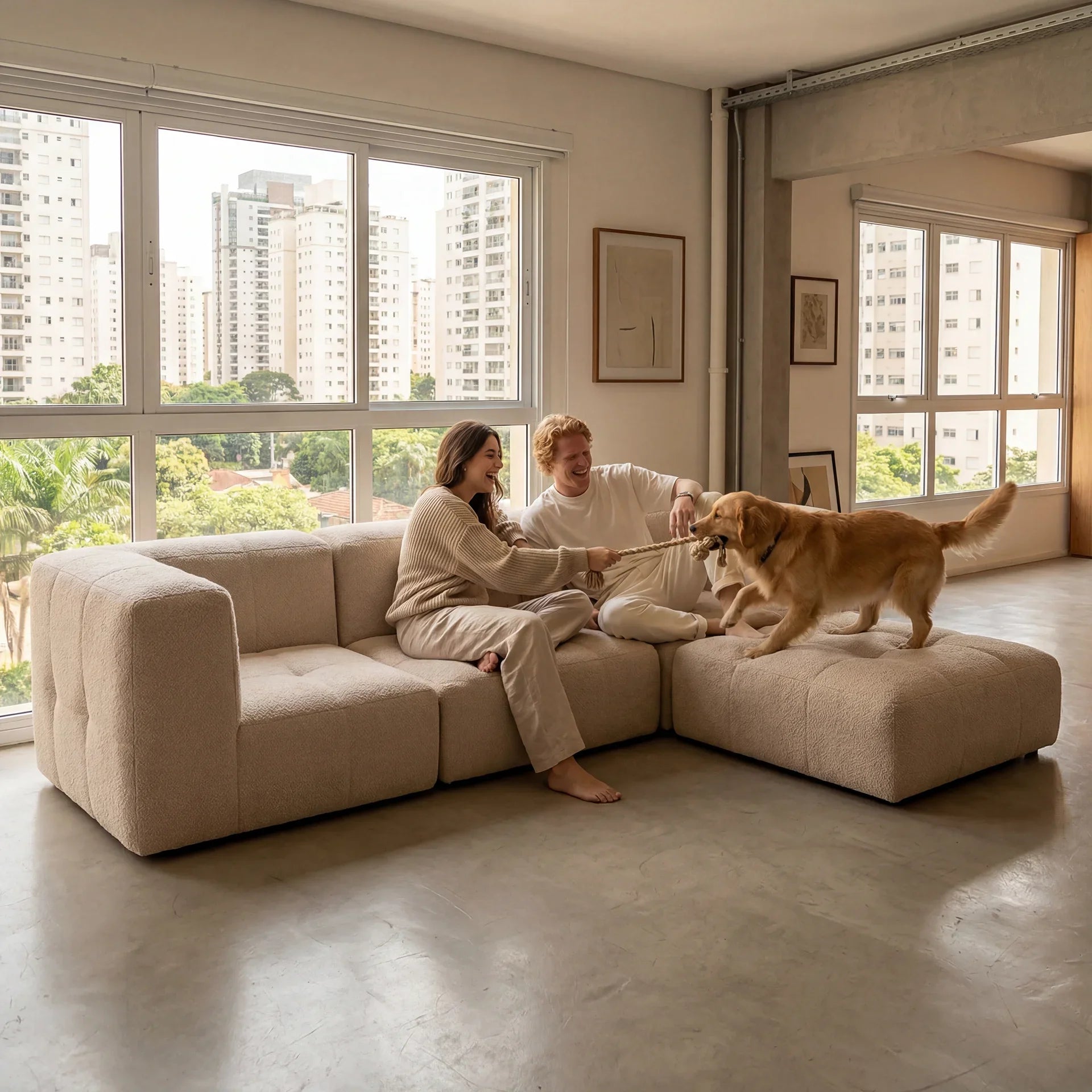 Sofá na Caixa modular 3 lugares em Boucle com Apoio de pé - Linho