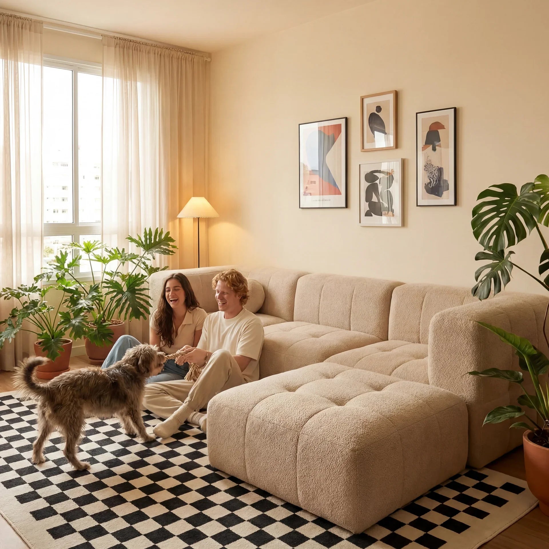 Sofá na Caixa modular 3 lugares em Boucle com Apoio de pé - Linho
