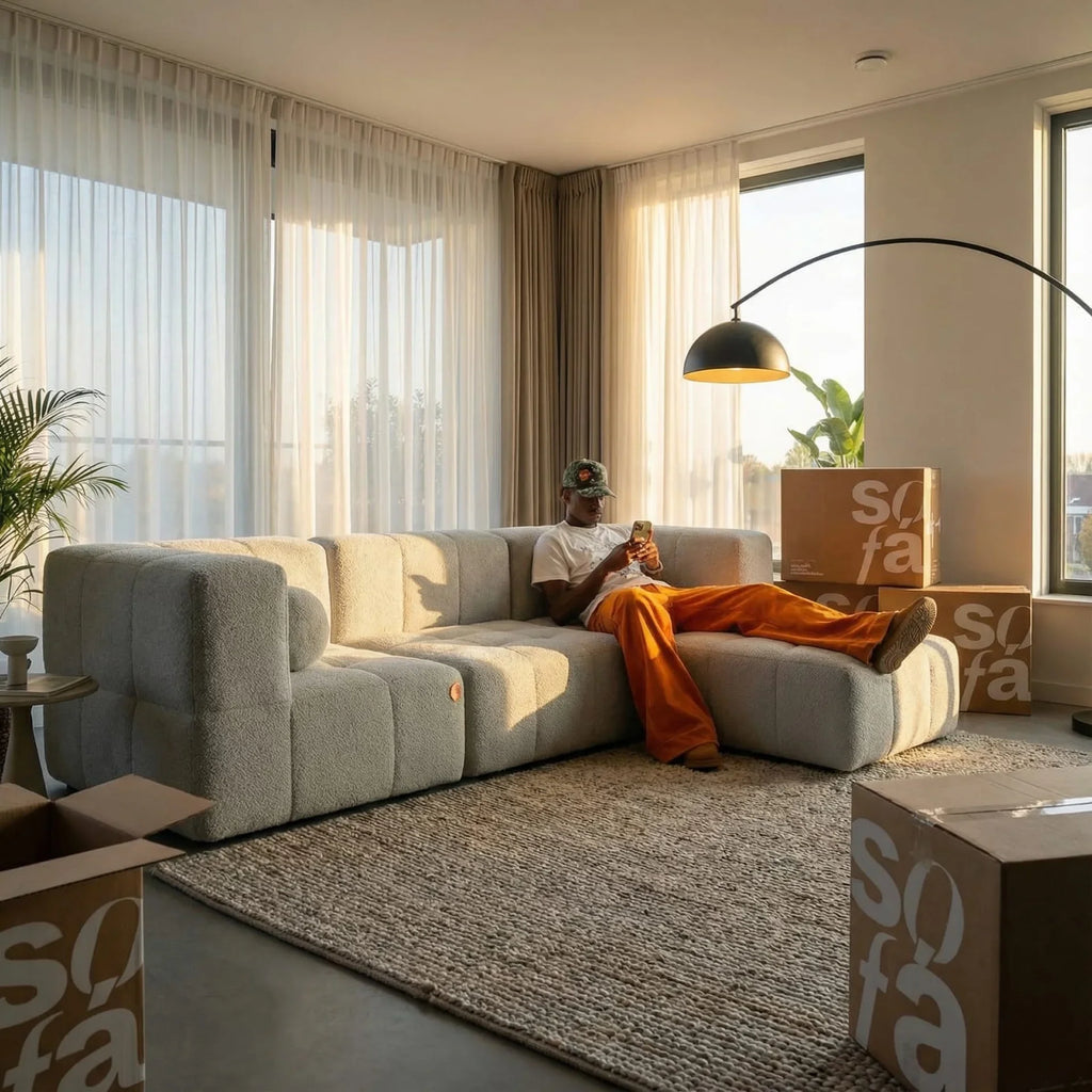 Sofá na Caixa modular 3 lugares em Boucle com Apoio de pé - Cinza