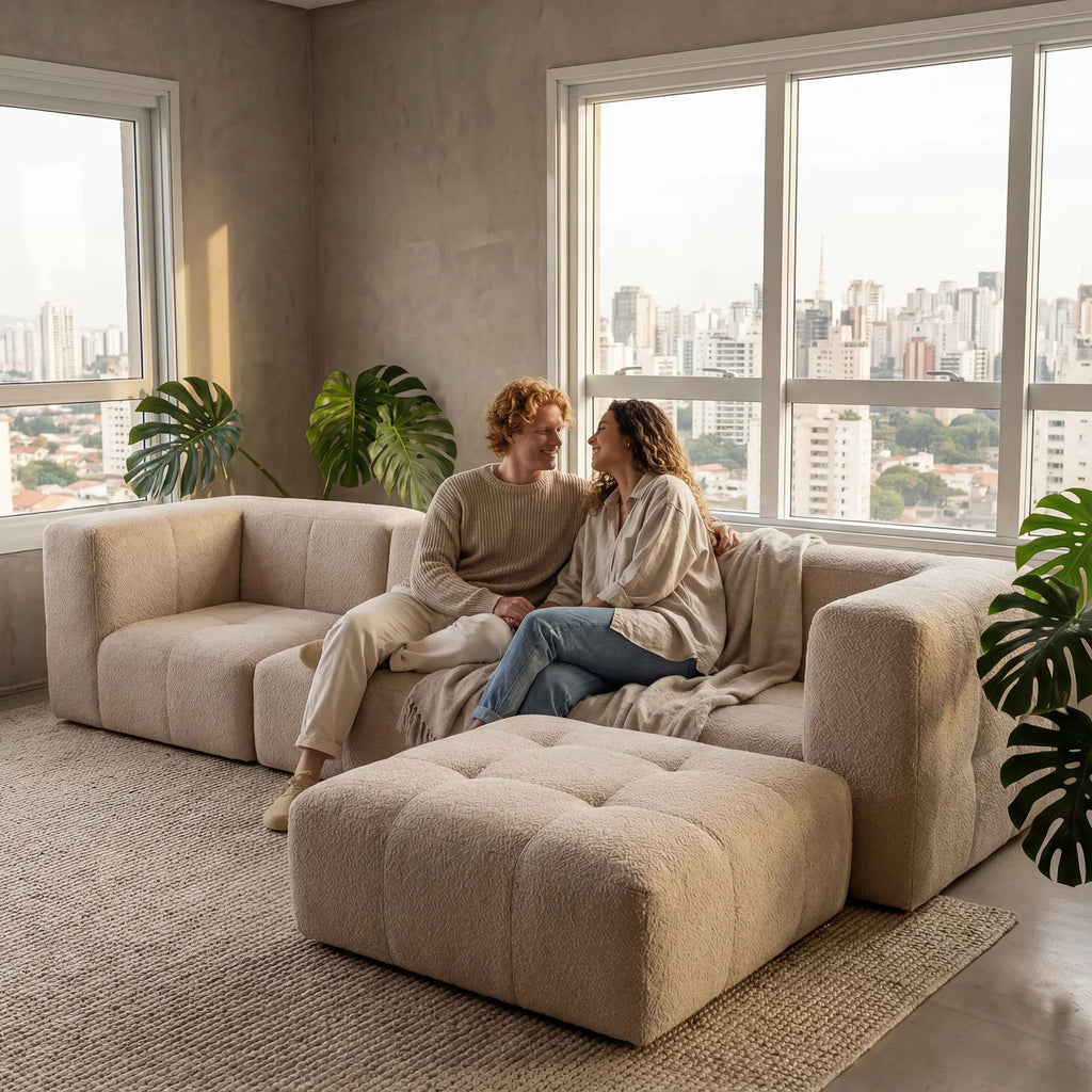 Sofá na Caixa modular 3 lugares em Boucle com Apoio de pé - Linho