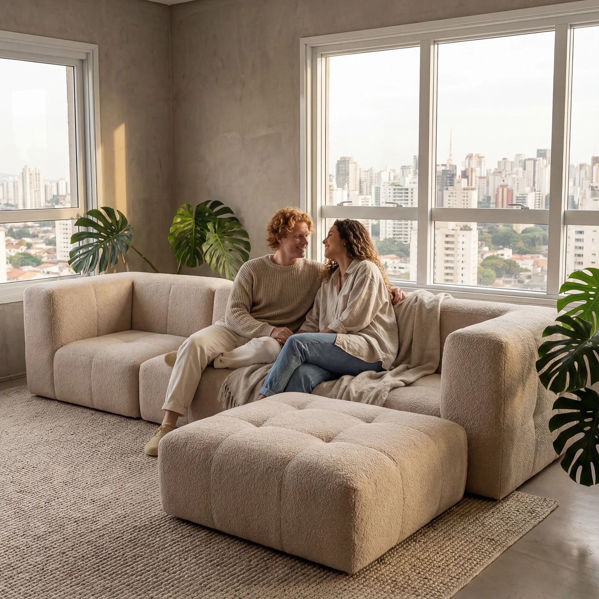Sofá na Caixa modular 3 lugares em Boucle com Apoio de pé - Linho