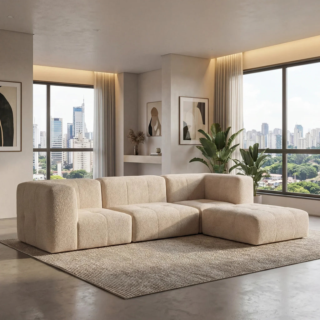 Sofá na Caixa modular 3 lugares em Boucle com Apoio de pé - Linho