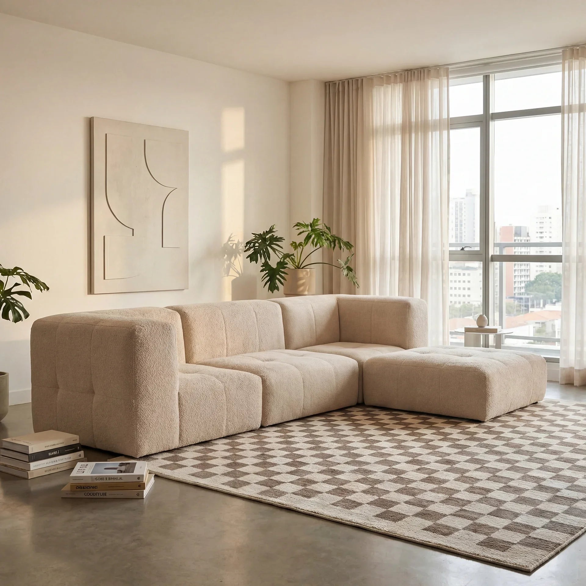 Sofá na Caixa modular 3 lugares em Boucle com Apoio de pé - Linho
