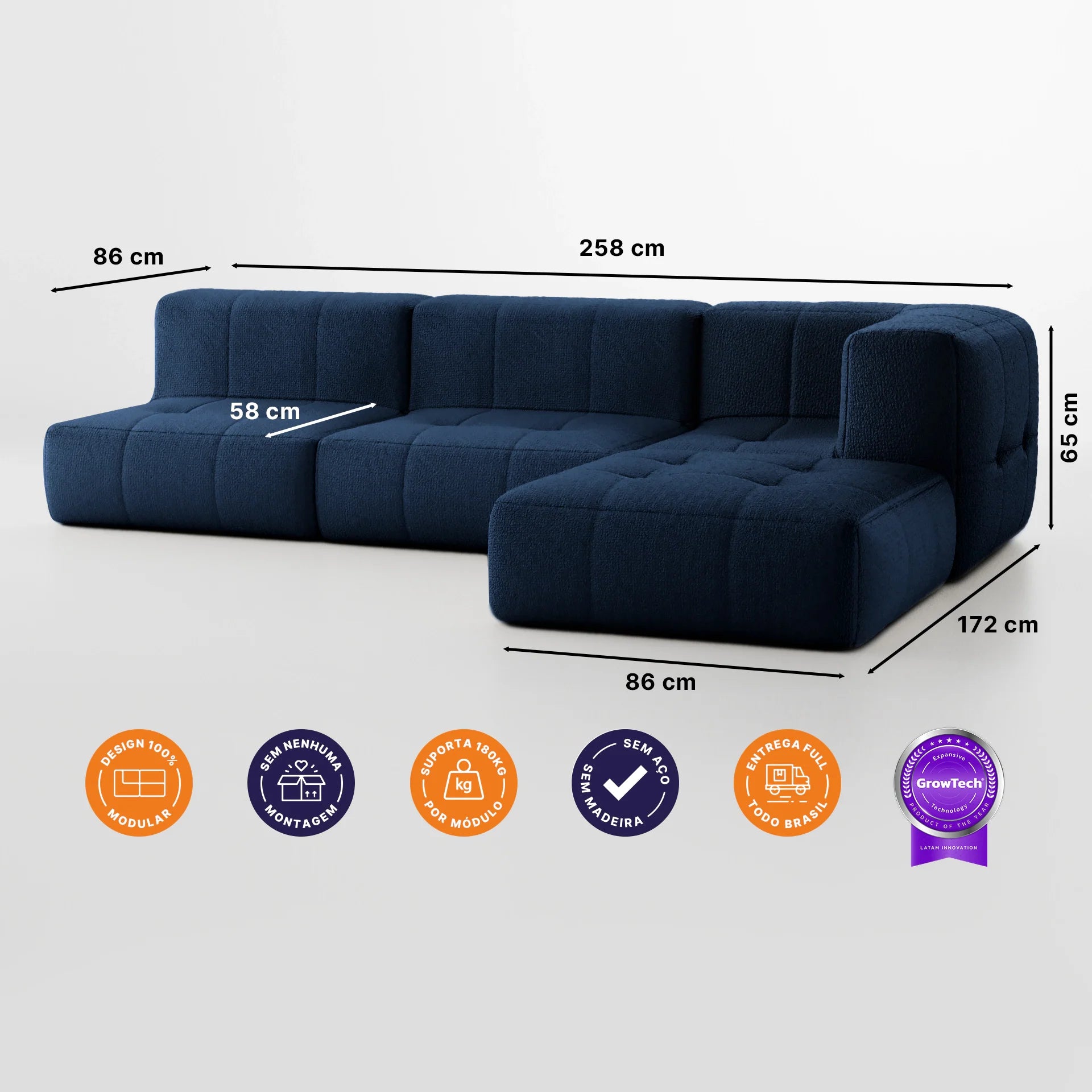 Sofá na Caixa modular 3 lugares em Boucle - 1 Braço com Chaise - Azul