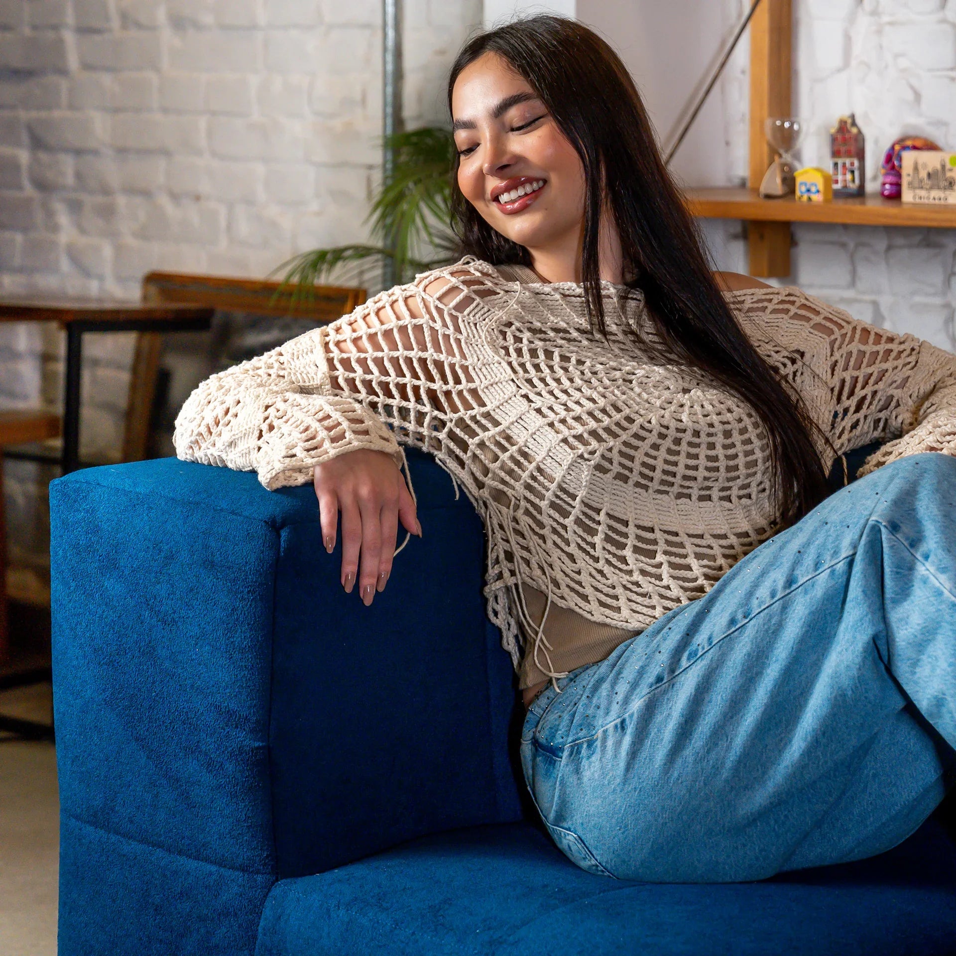 Sofá na Caixa modular 2 lugares em Boucle - 1 Braço com Apoio de pé - Azul