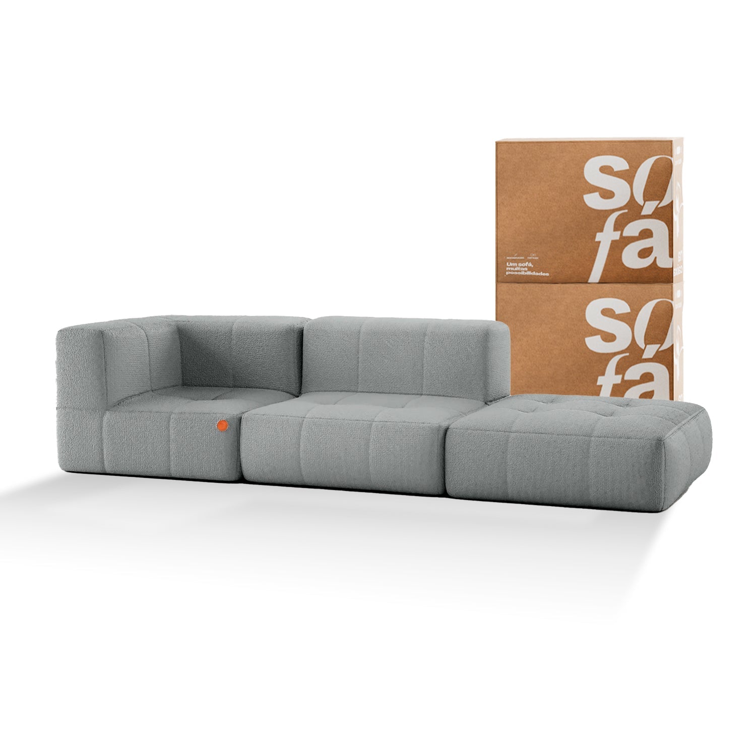 Sofá na Caixa modular 2 lugares em Boucle - 1 Braço com Apoio de pé - Cinza
