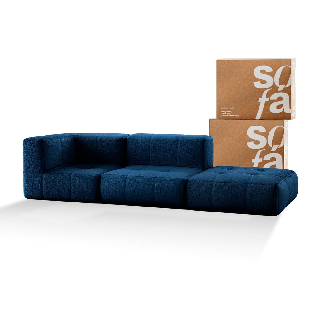 Sofá na Caixa modular 2 lugares em Boucle - 1 Braço com Apoio de pé - Azul