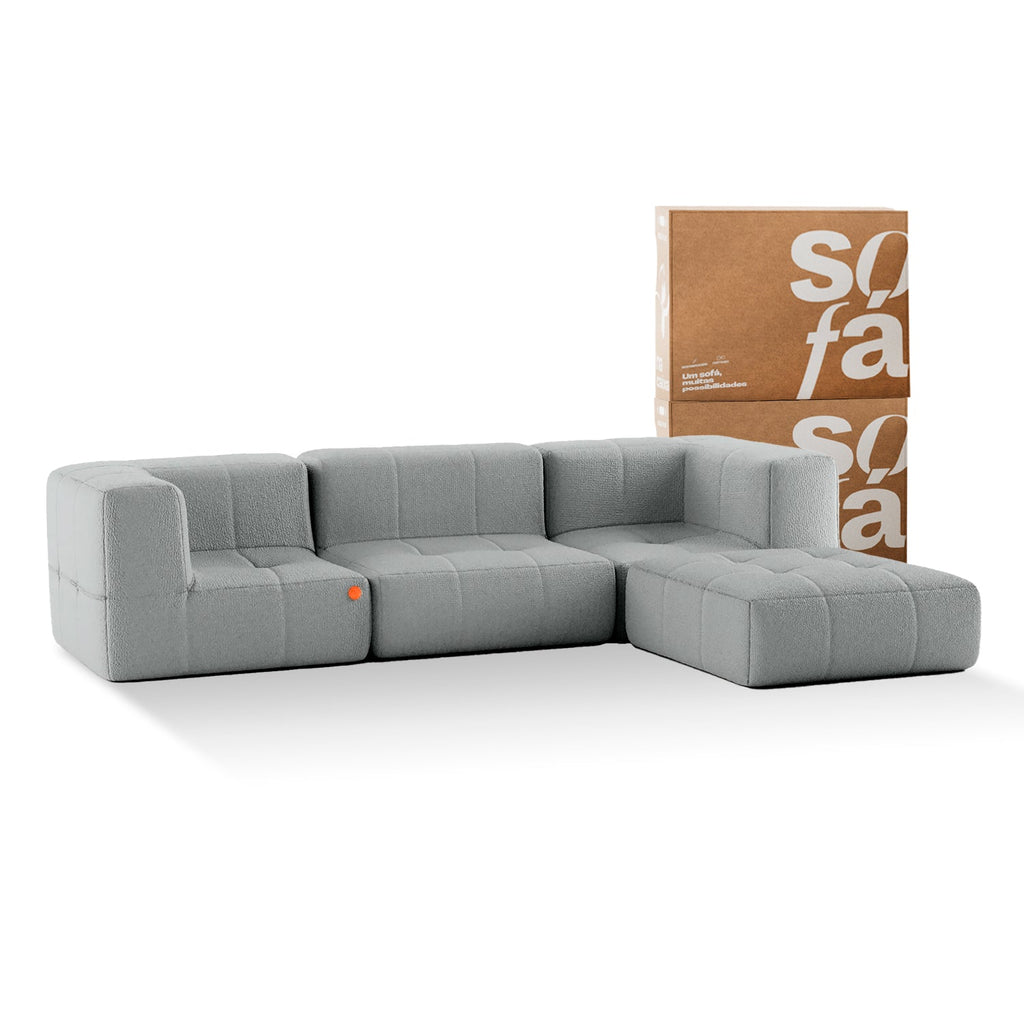 Sofá na Caixa modular 3 lugares em Boucle com Apoio de pé - Cinza