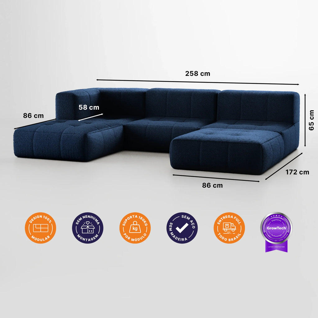 Sofá na Caixa modular 3 lugares em Boucle - 1 Braço com 2 Chaises - Azul