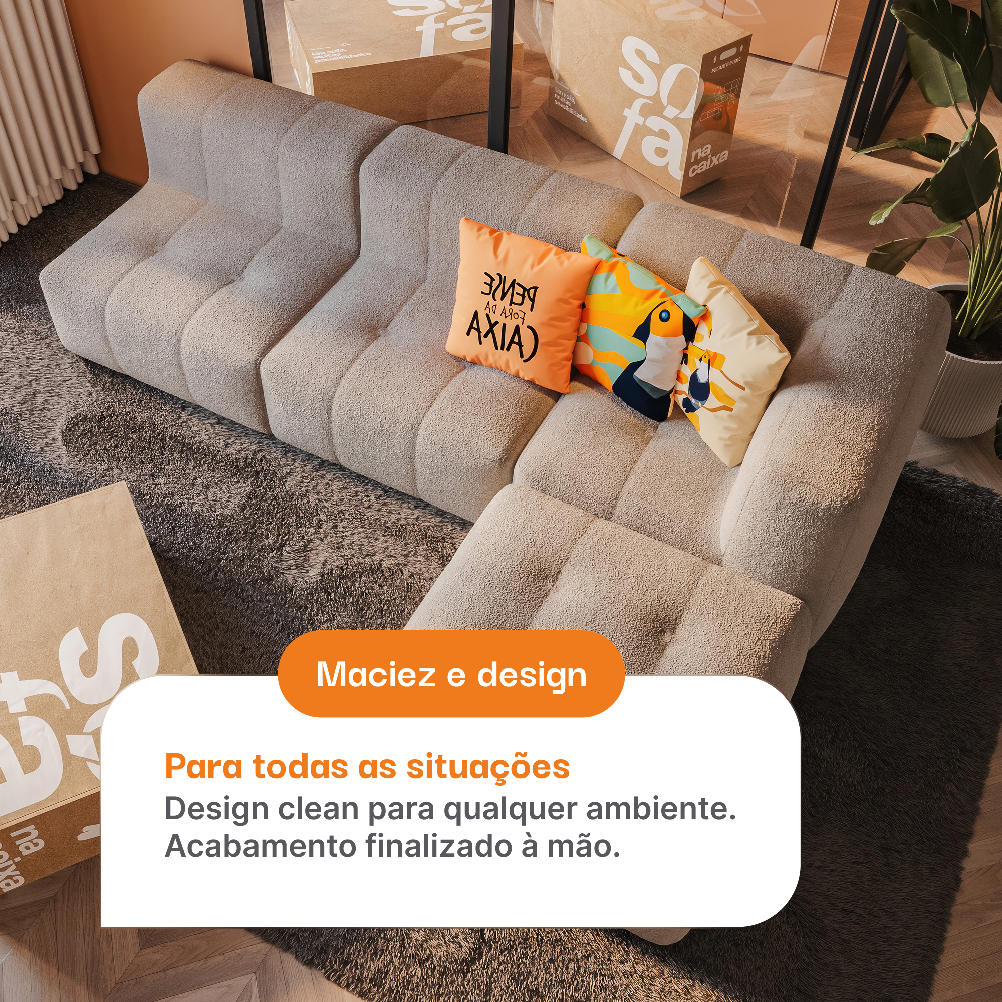 Sofá na Caixa modular 2 lugares em Boucle - 2 Cantos com Apoio de pé - Cinza