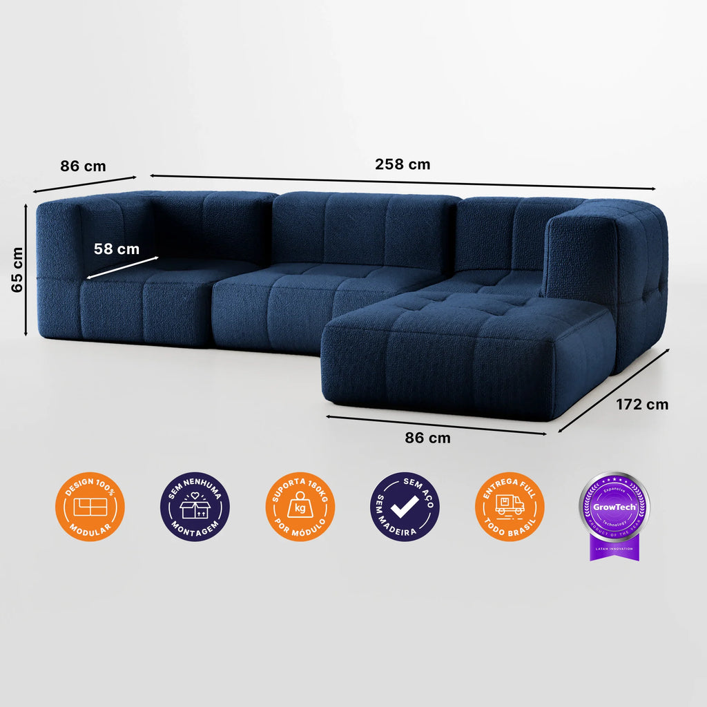 Sofá na Caixa modular 3 lugares em Boucle com Apoio de pé - Azul