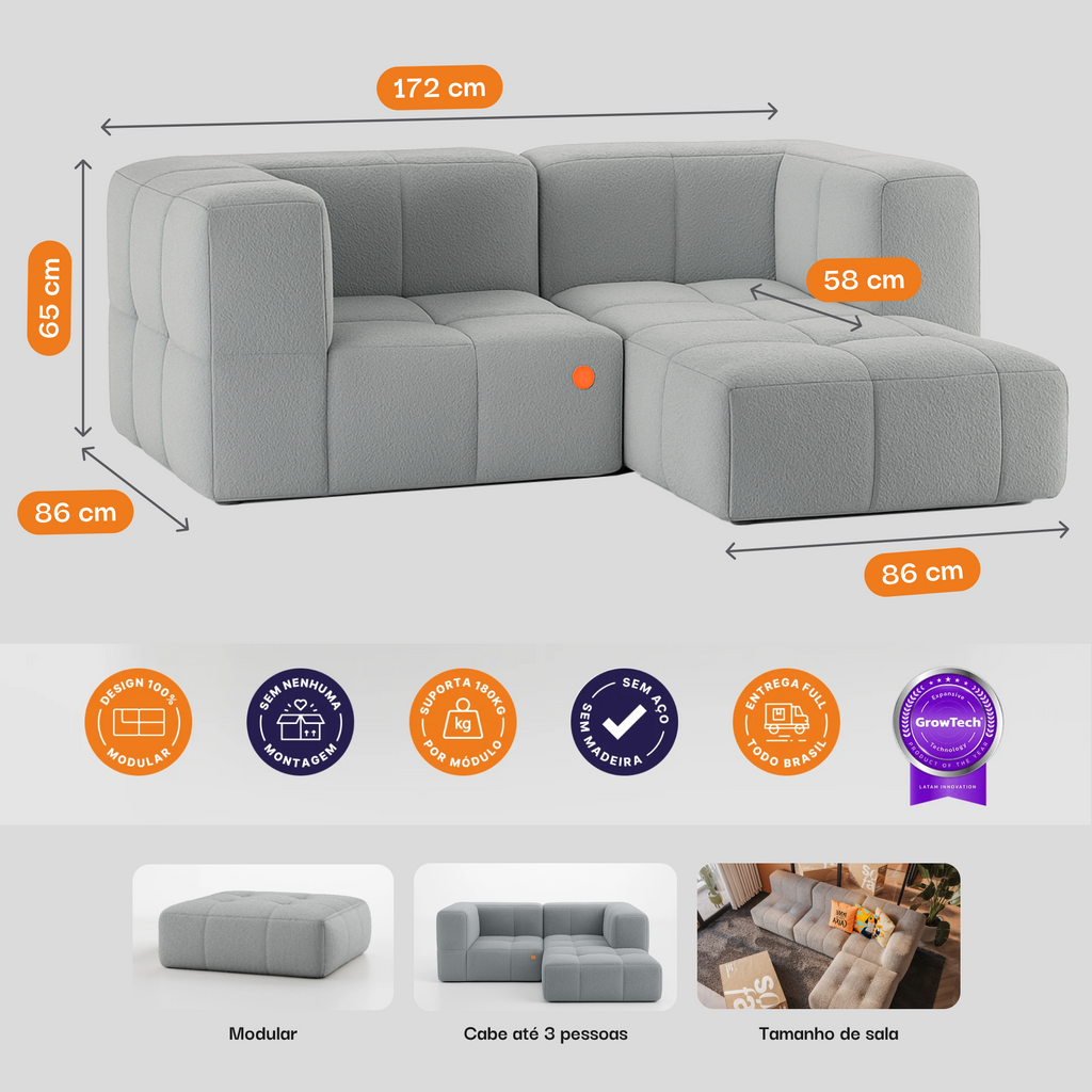 Sofá na Caixa modular 2 lugares em Boucle - 2 Cantos com Apoio de pé - Cinza