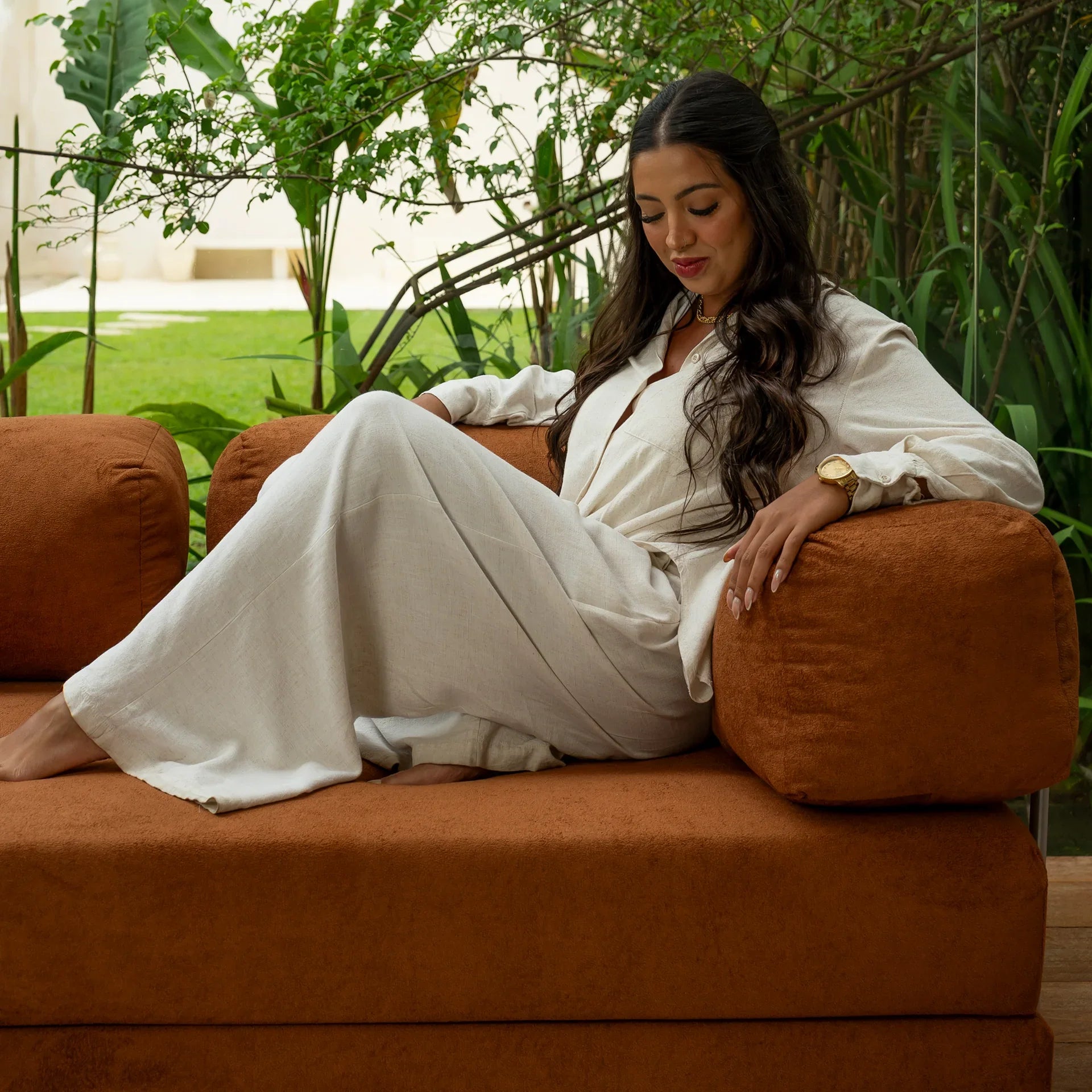 Sofá Cama Bloom Tecido Boucle Laranja - Sofá na Caixa