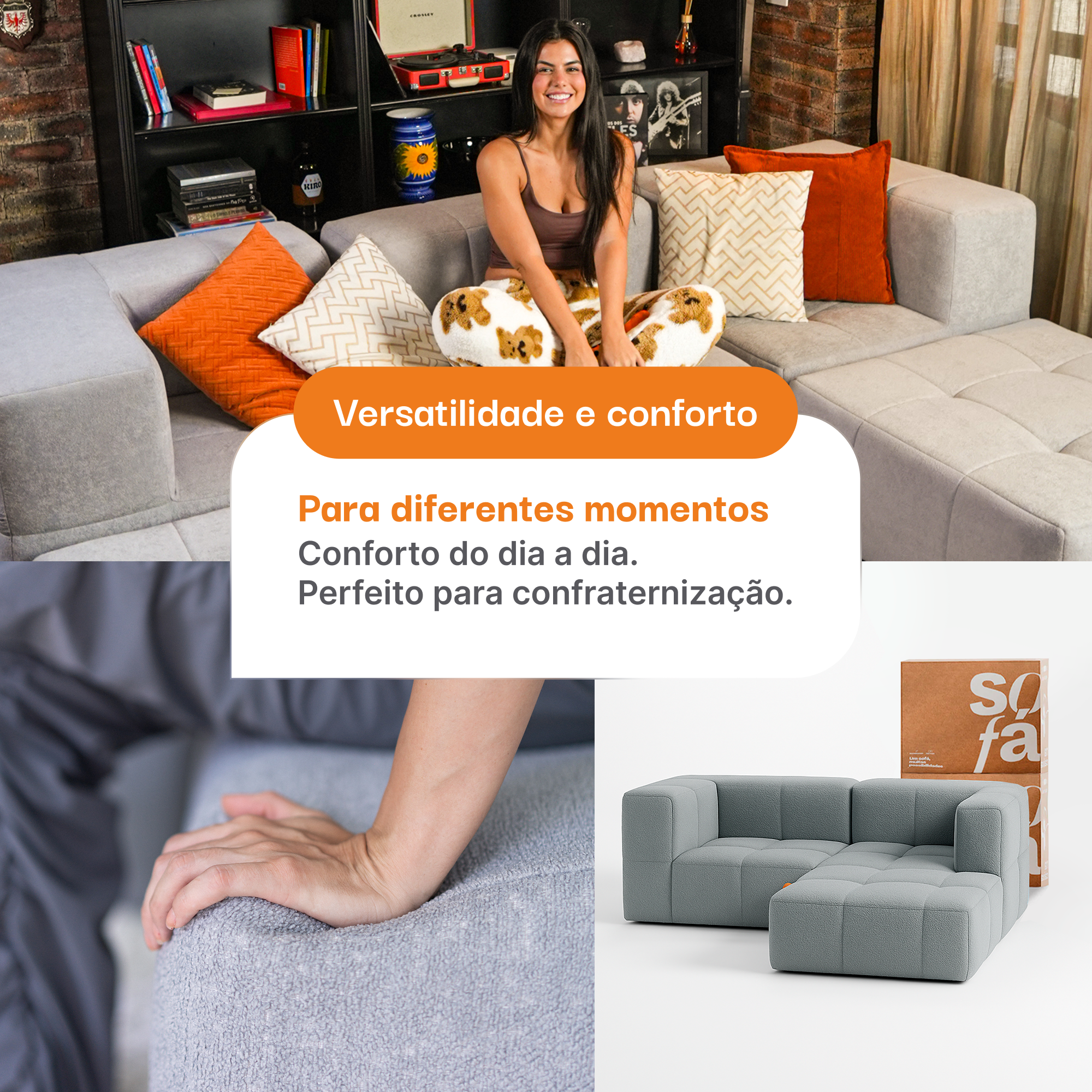 Sofá na Caixa modular 2 lugares em Boucle - 2 Cantos com Apoio de pé - Cinza