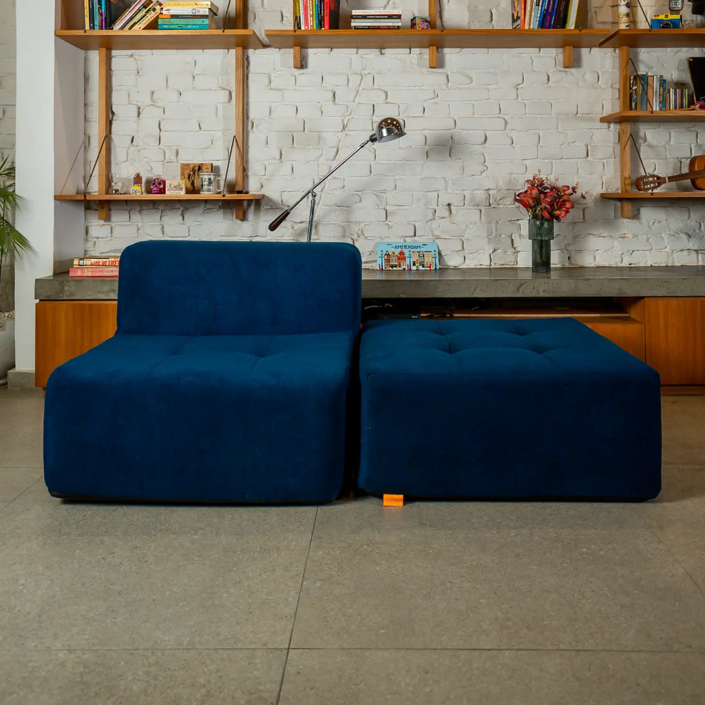 Sofá na Caixa modular 1 lugar poltrona com chaise em Boucle - Azul