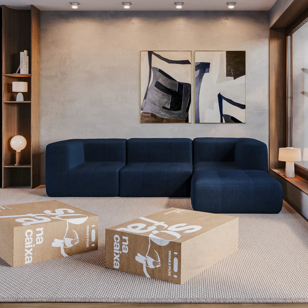 Sofá na Caixa modular 3 lugares em Boucle com Apoio de pé - Azul