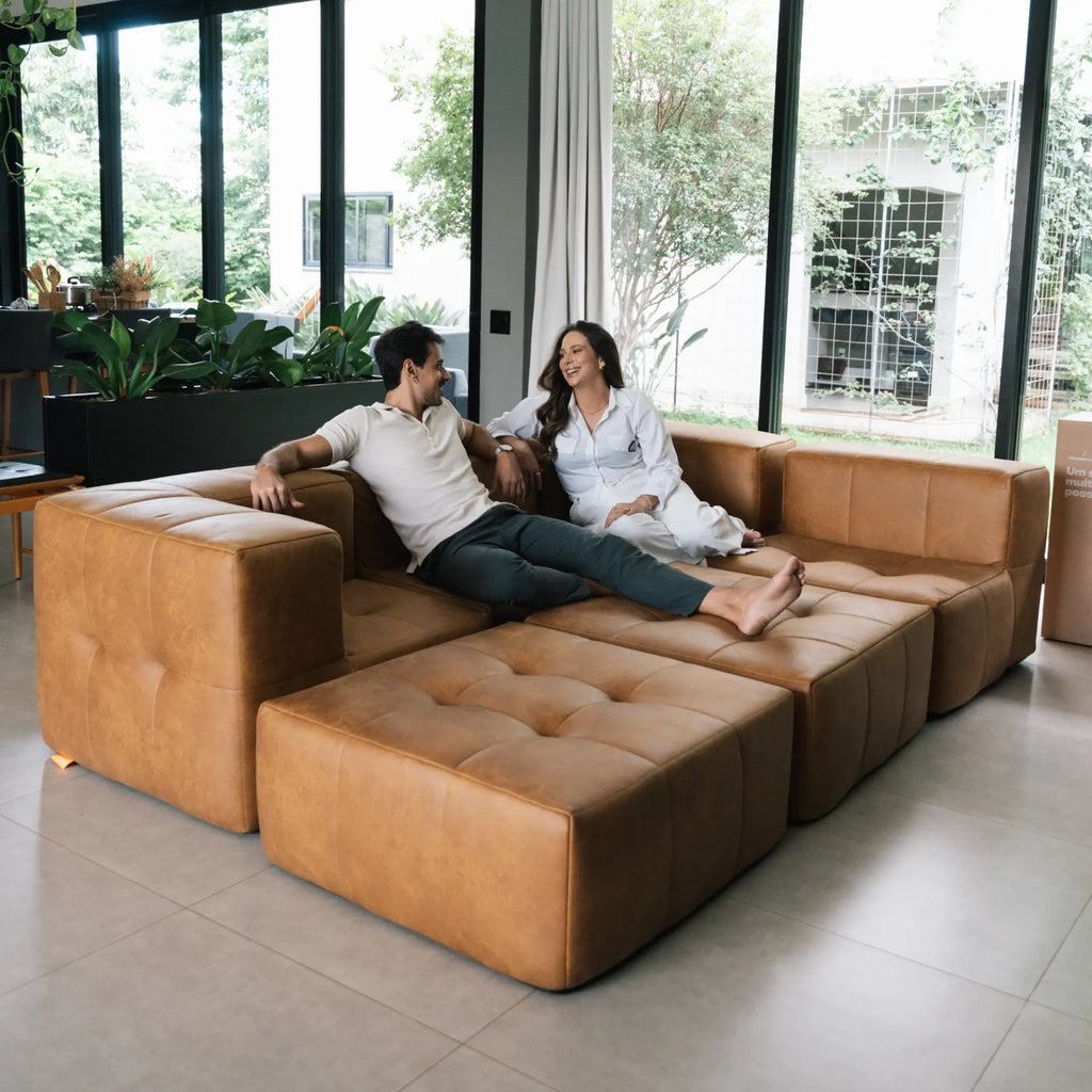 Sofá na Caixa modular 1 lugar poltrona com chaise - Poli-couro