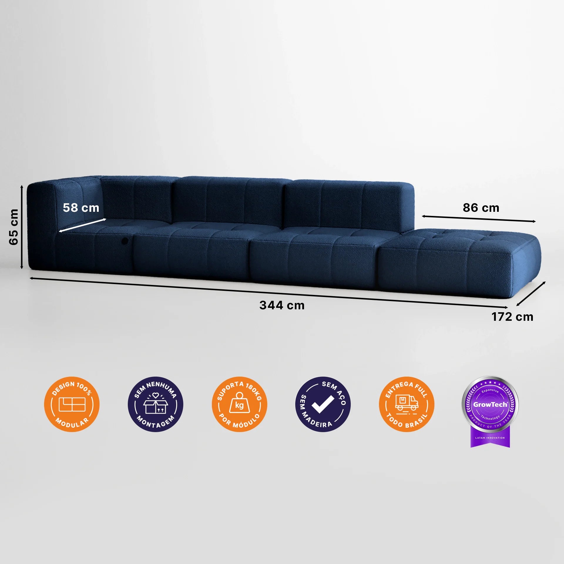 Sofá na Caixa modular 3 lugares em Boucle - 1 Braço com Chaise - Azul