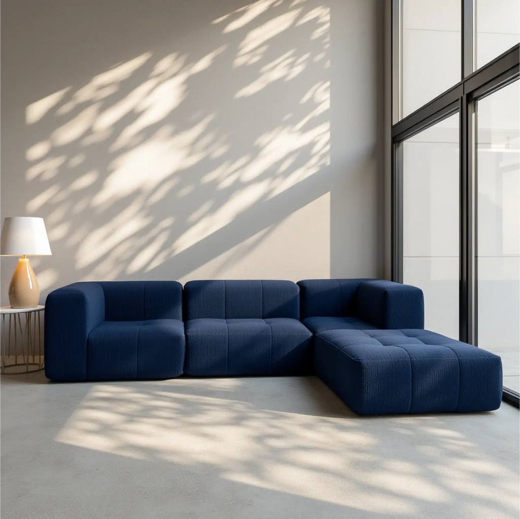Sofá na Caixa modular 1 lugar poltrona com chaise em Boucle - Azul