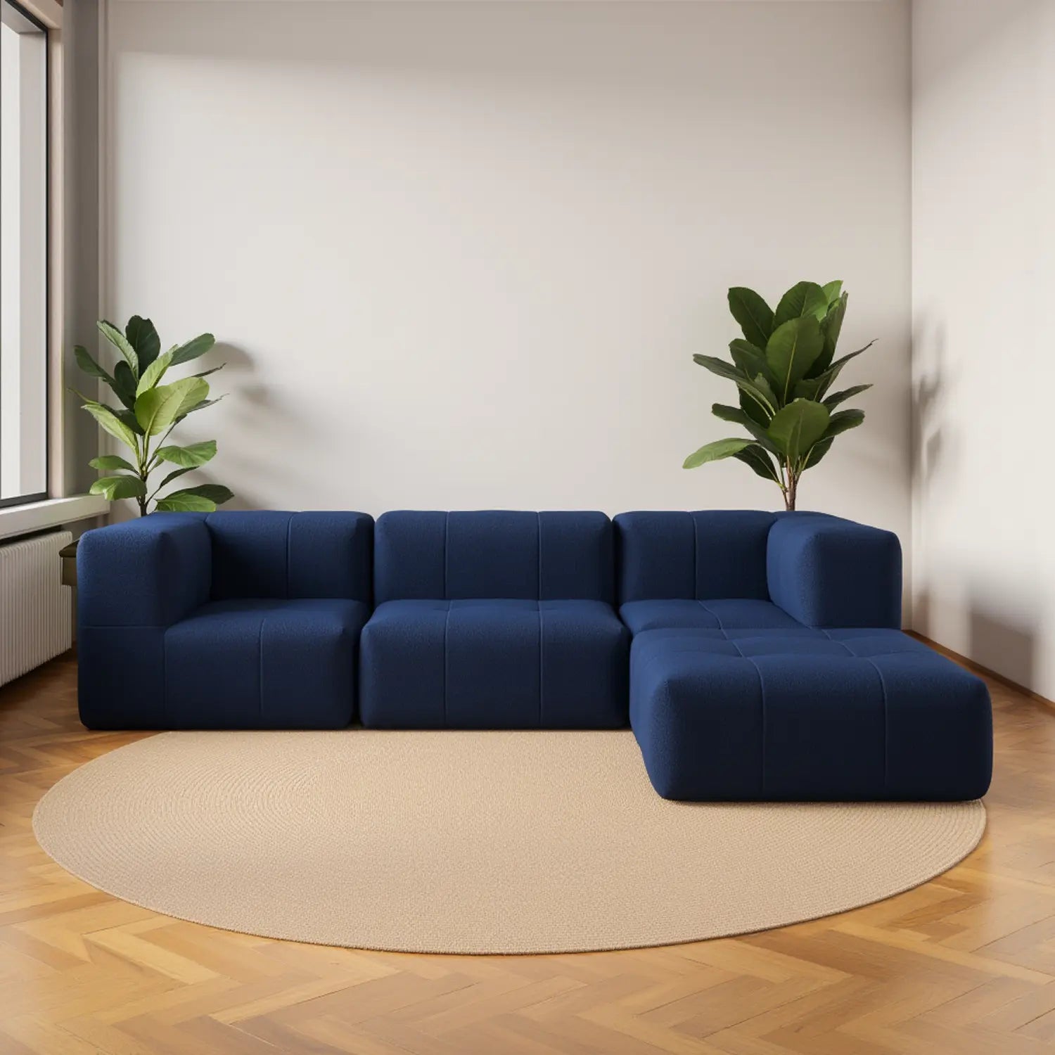 Sofá na Caixa modular 3 lugares em Boucle sem braço com chaise - Azul