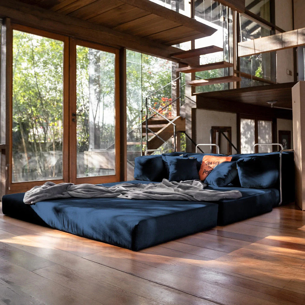 Sofá Cama Bloom - Sofá na Caixa + Apoio de Pé Bloom Tecido Boucle Azul