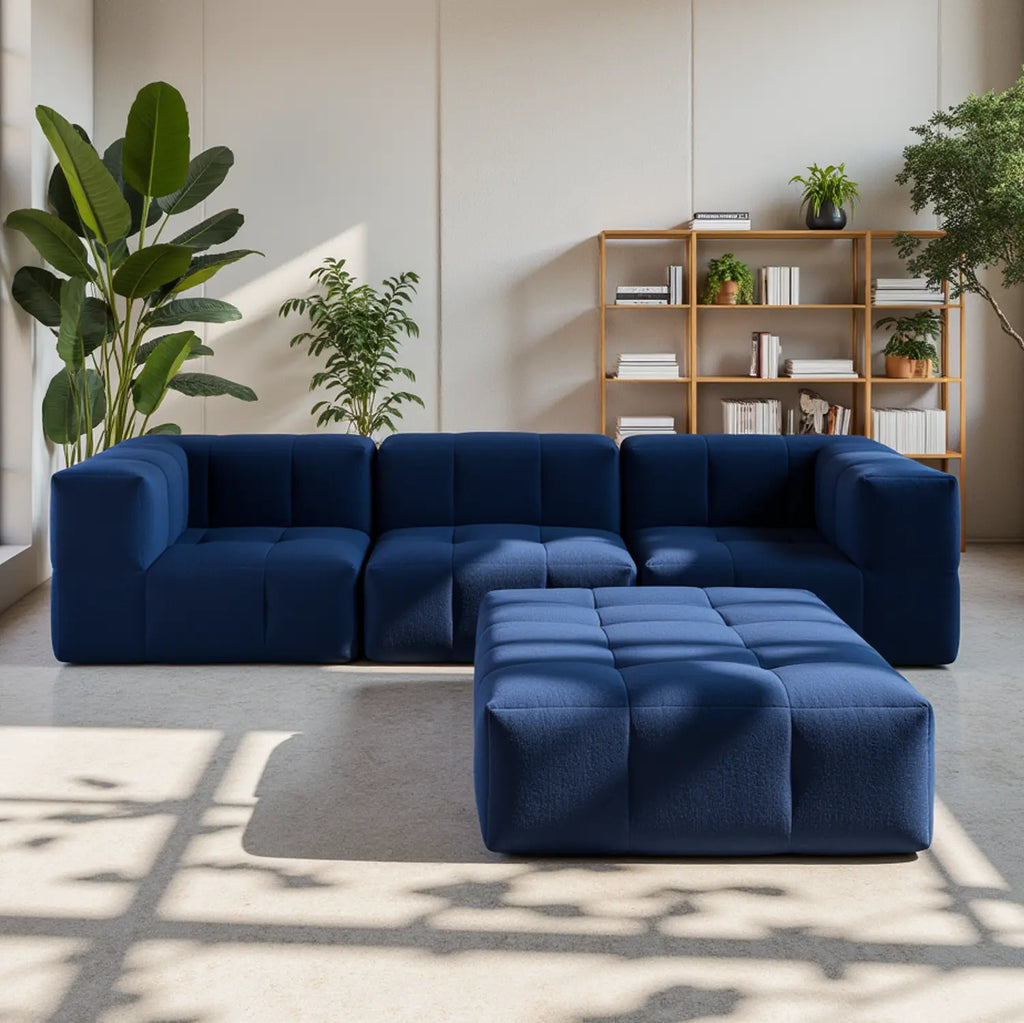 Sofá na Caixa modular 3 lugares em Boucle sem braço com chaise - Azul